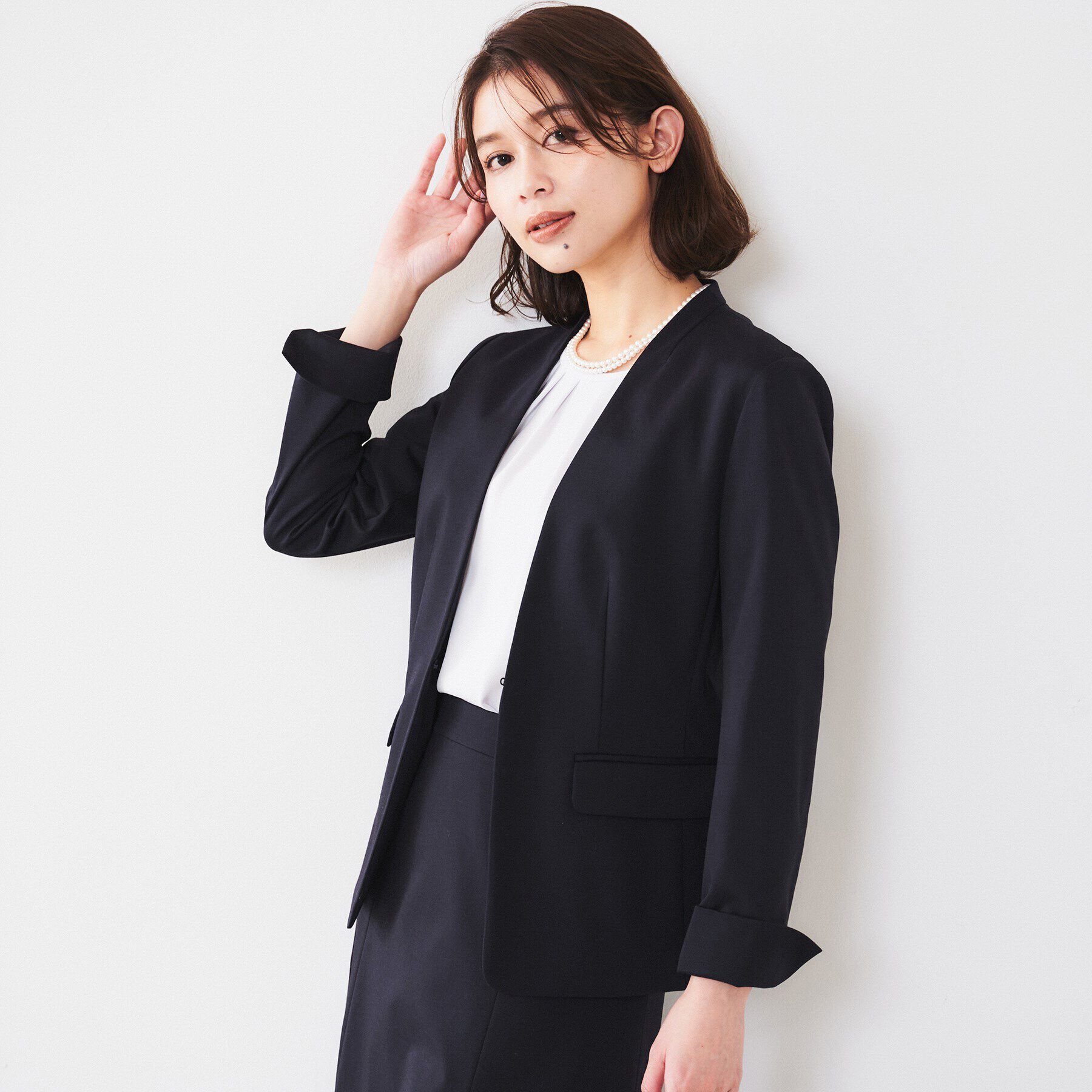 UNTITLED「【通勤スーツ】コットン混ジャージ カラーレスジャケット」|ノーカラージャケット|