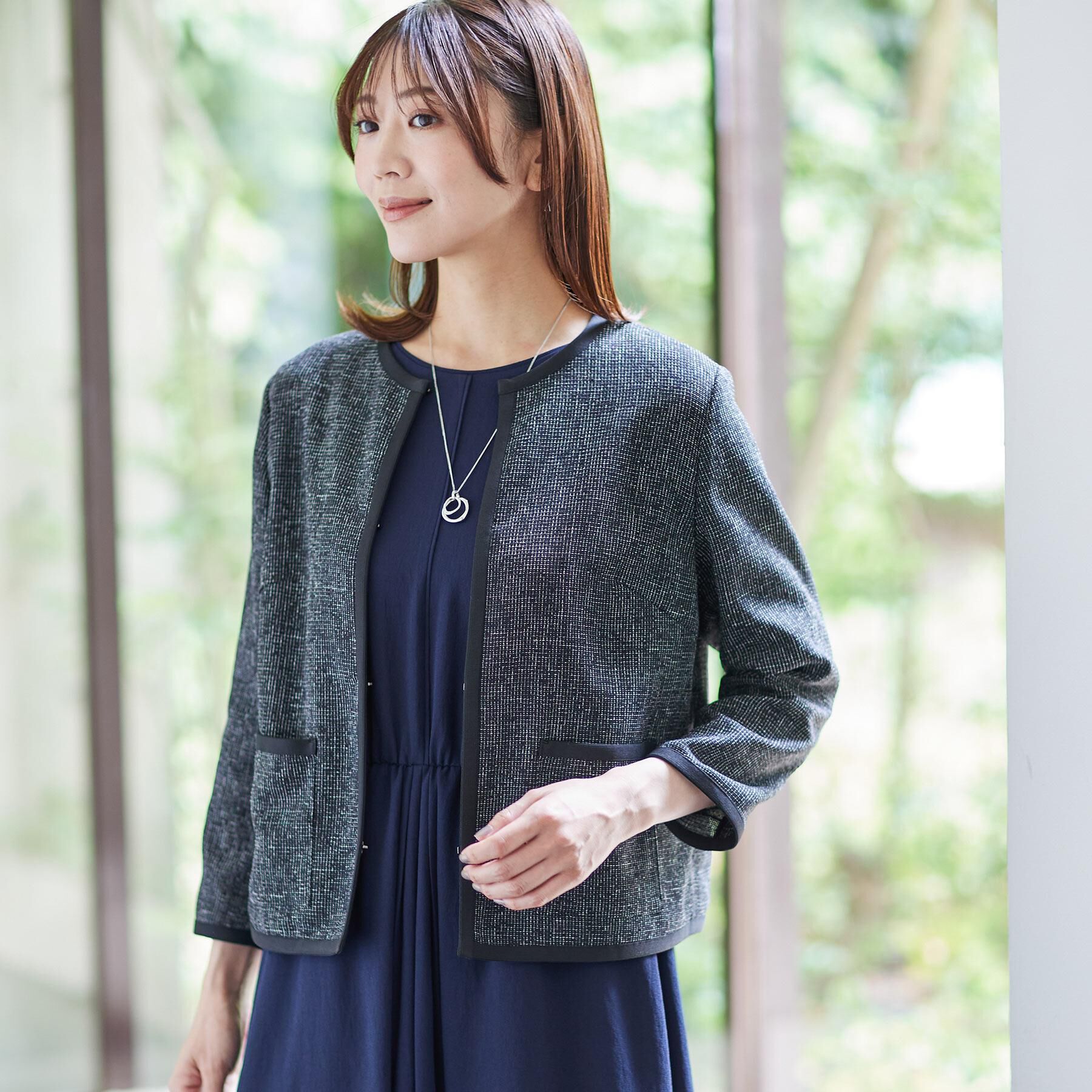 Reflect「【軽い着心地】メッシュツイードジャケット」|ノーカラージャケット|ブラック(419)