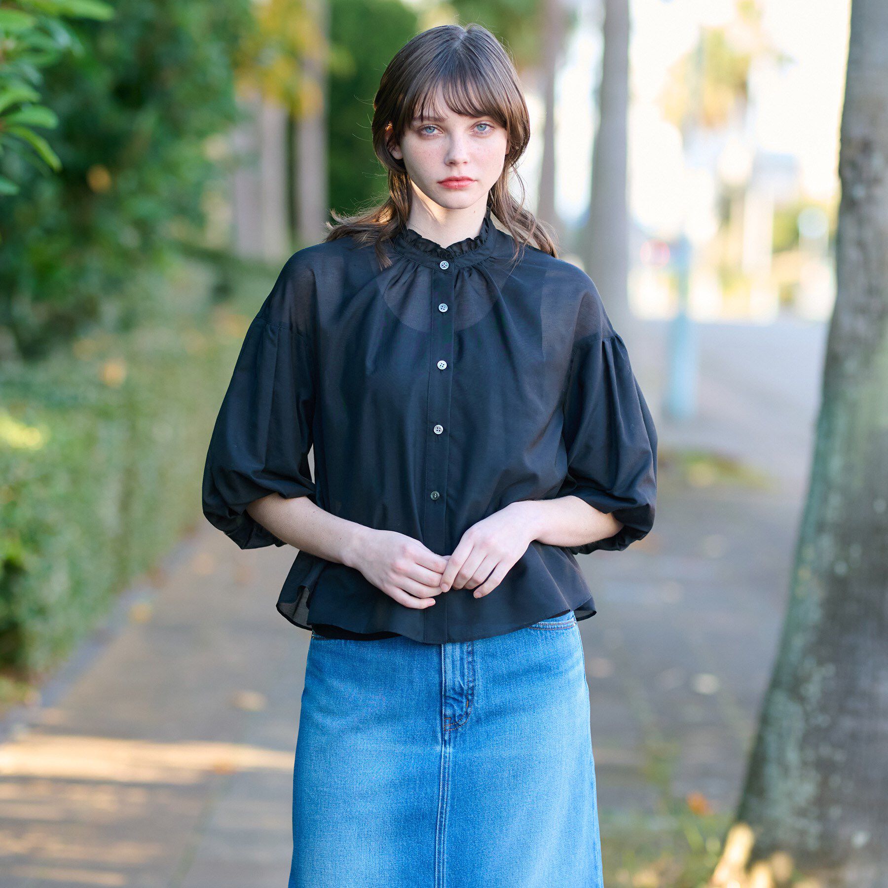 DRESSTERIOR「【洗える】スタンドフリルボリュームスリーブブラウス」|シャツ・ブラウス|