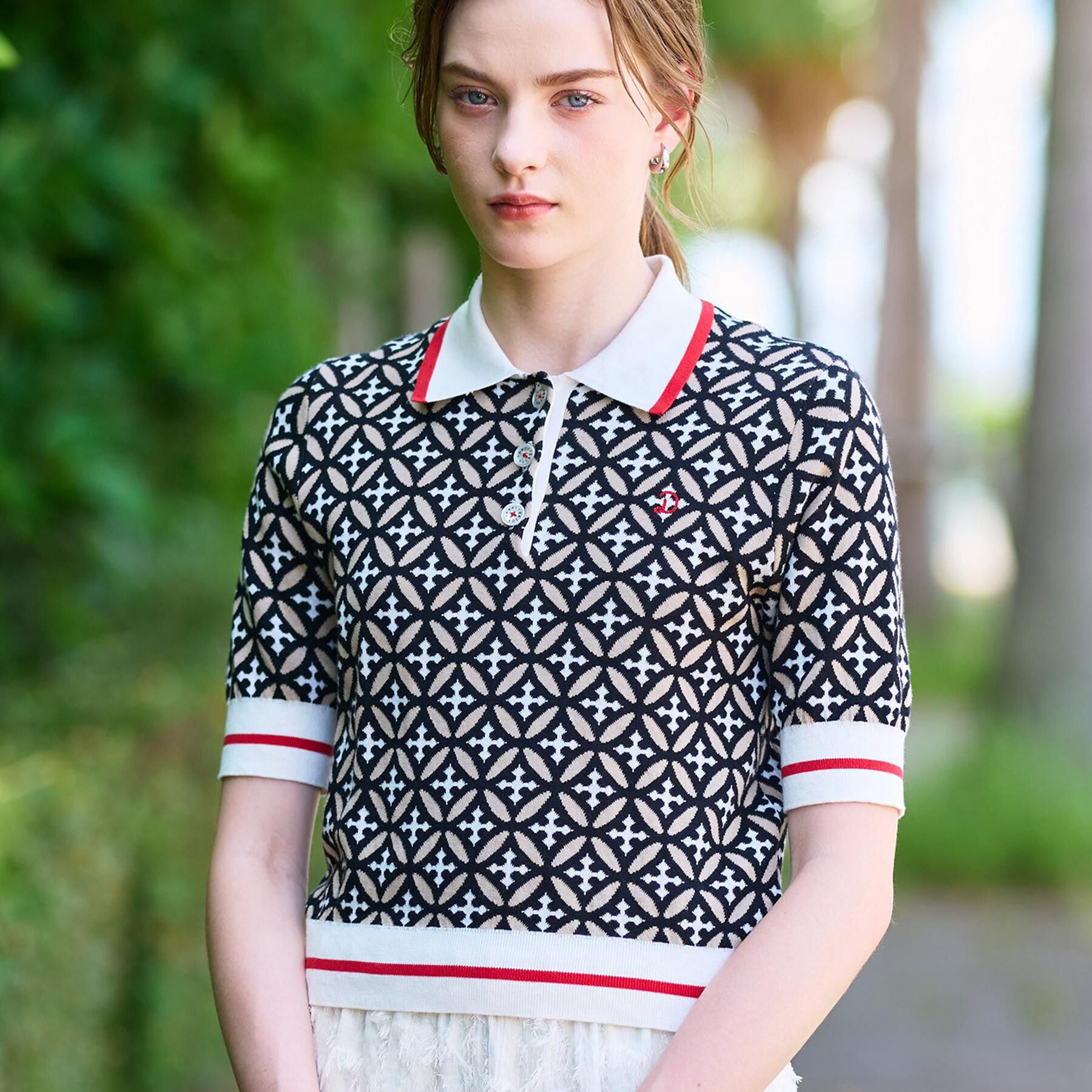 DRESSTERIOR「【コットン100％/オリジナル柄】オーバーラップサークルポロニット」|ニット・セーター|ベージュ(152)