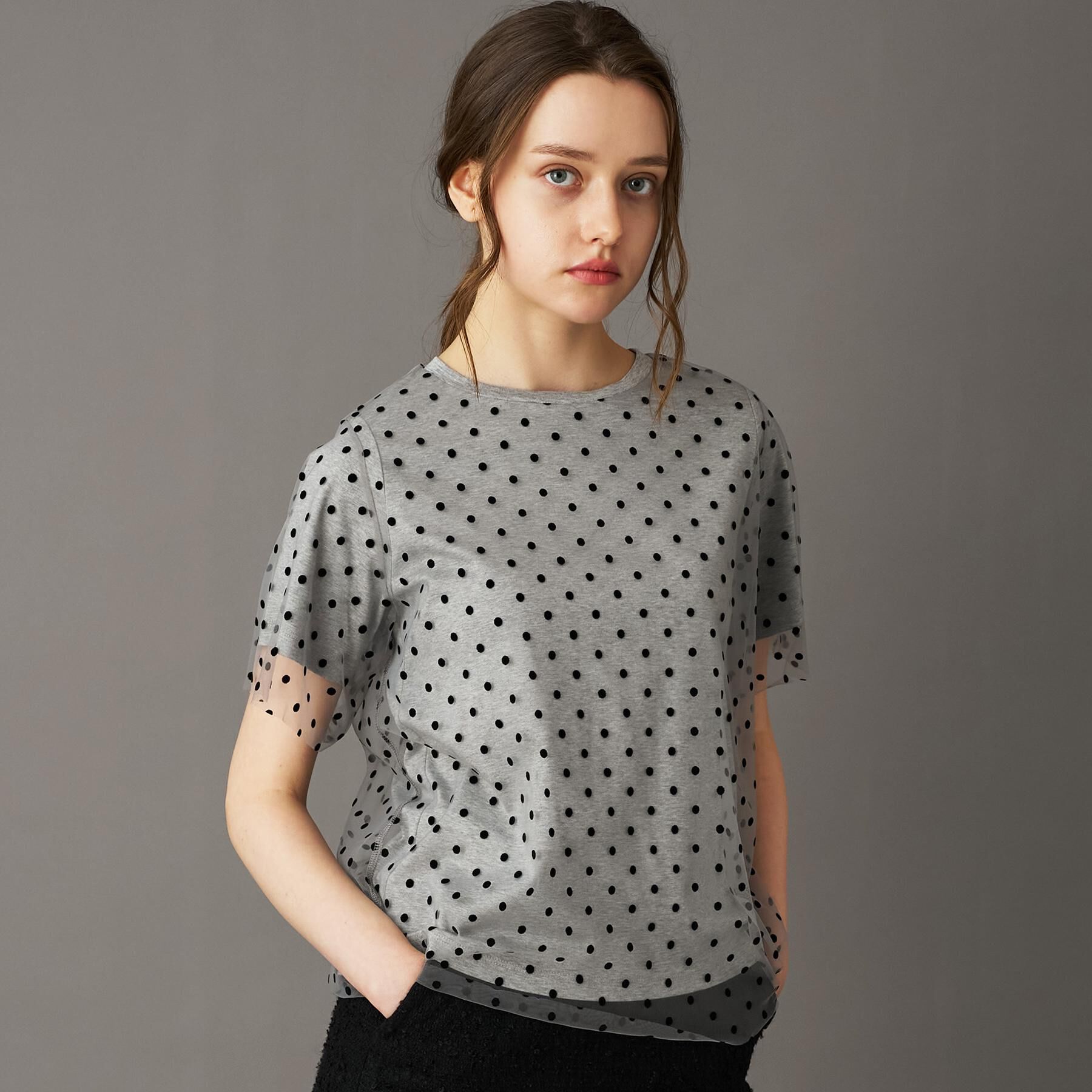 DRESSTERIOR「【洗える／シアー素材】ドットチュールレイヤードTシャツ」|Tシャツ・カットソー|グレー(112)