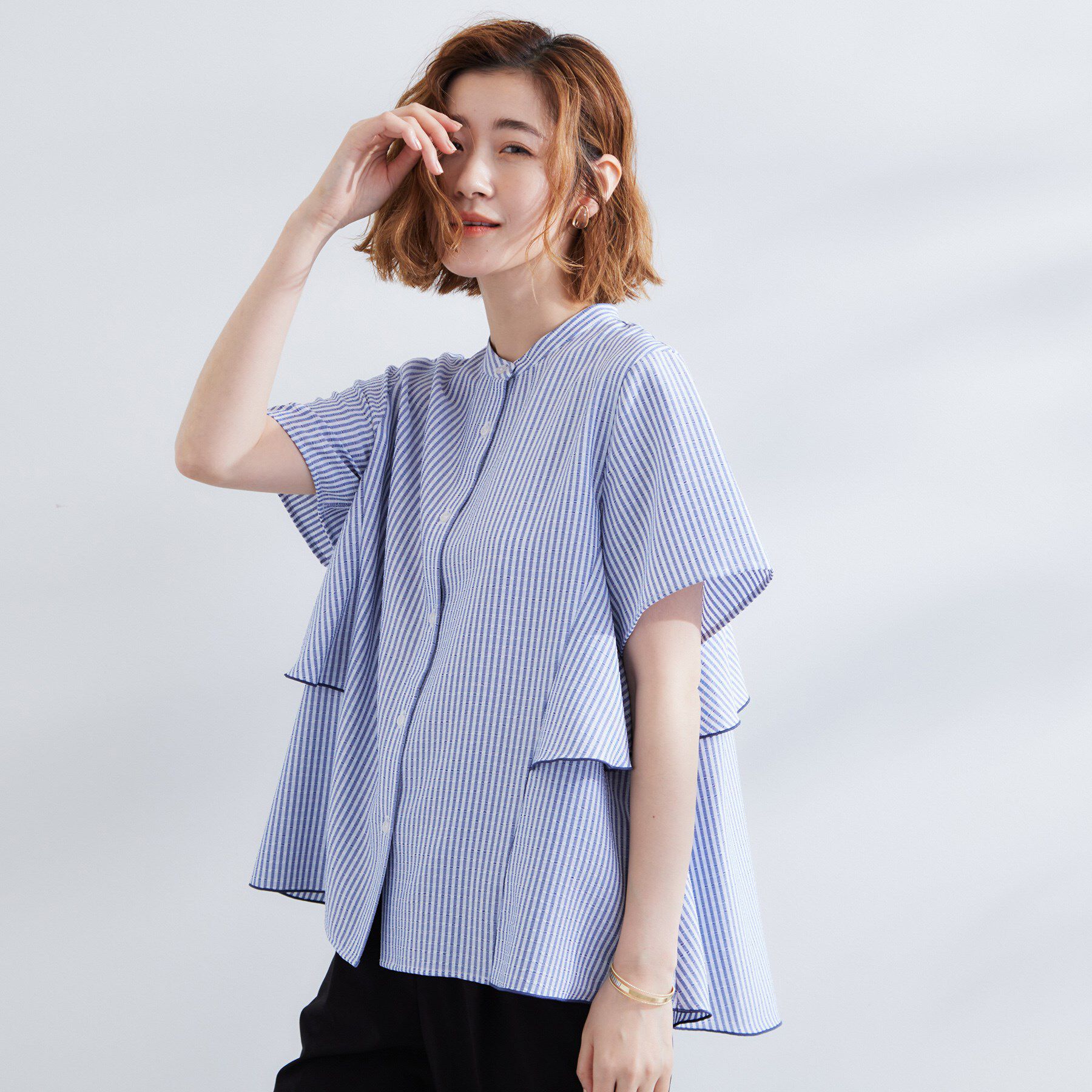 grove「【360&deg;抜かりない】ストライプアソートバックフレアブラウス」|シャツ・ブラウス|