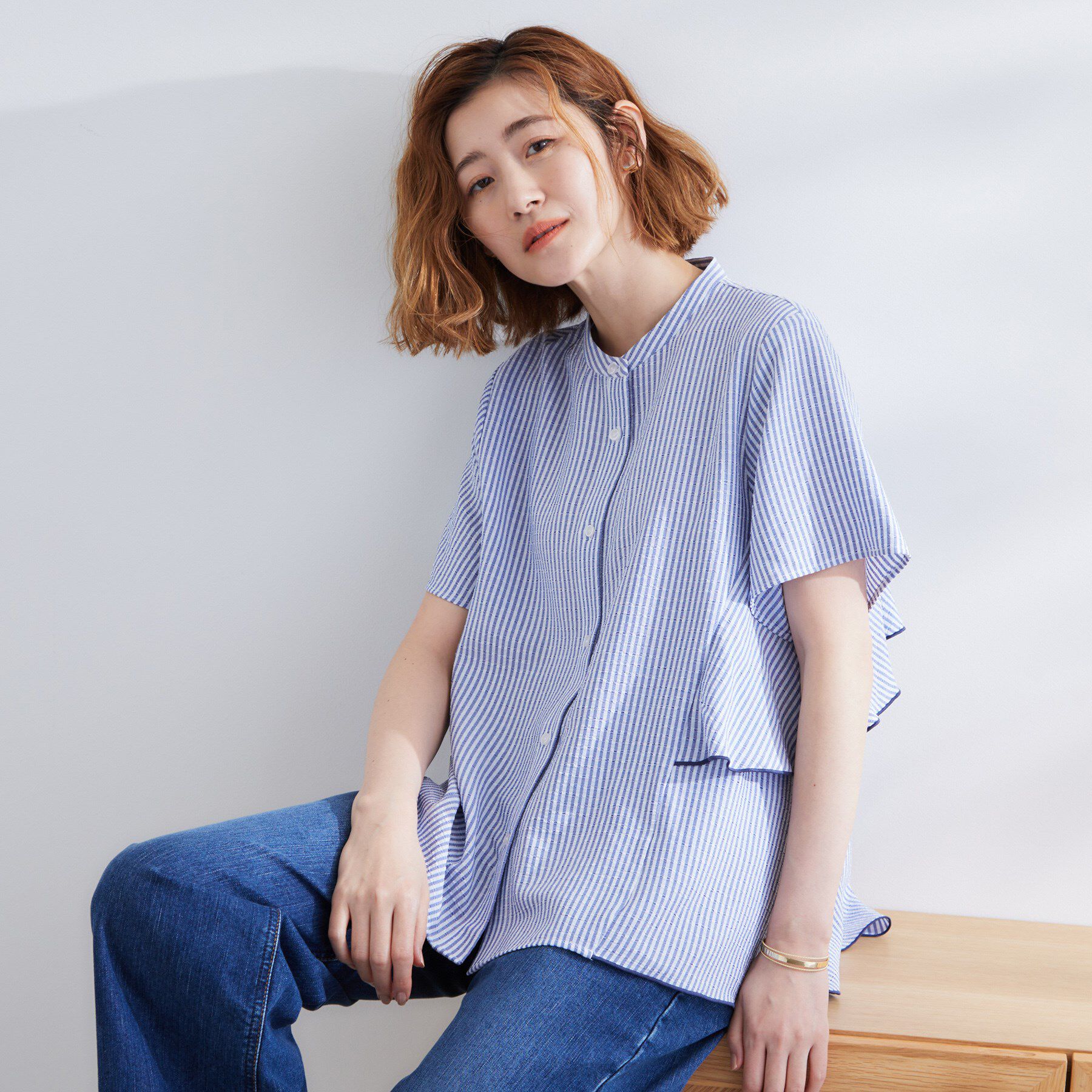 grove「【360&deg;抜かりない】ストライプアソートバックフレアブラウス」|シャツ・ブラウス|ブルー(993)