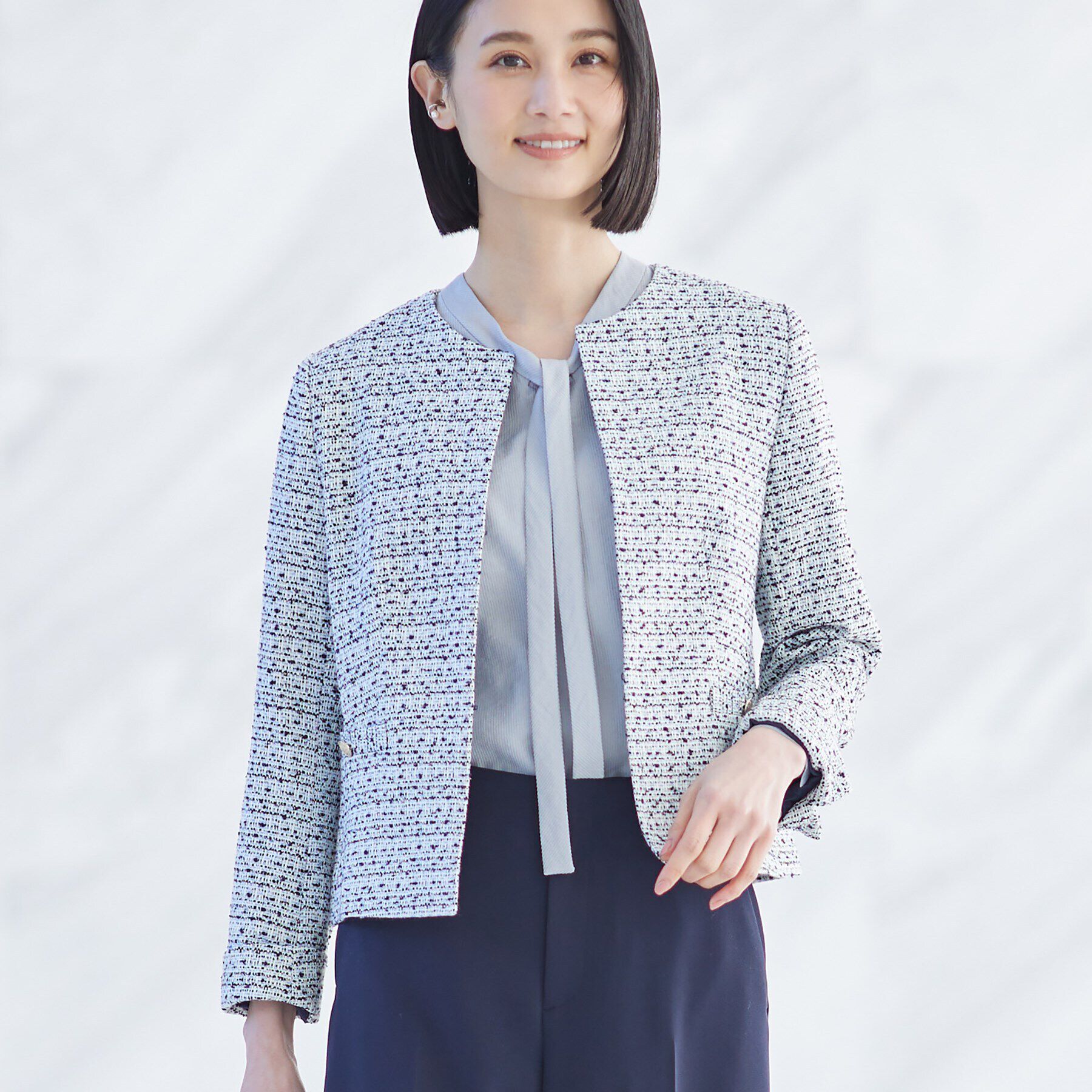 INDIVI「【華やか】ファンシーツイードジャケット」|ノーカラージャケット|サックスブルー(49