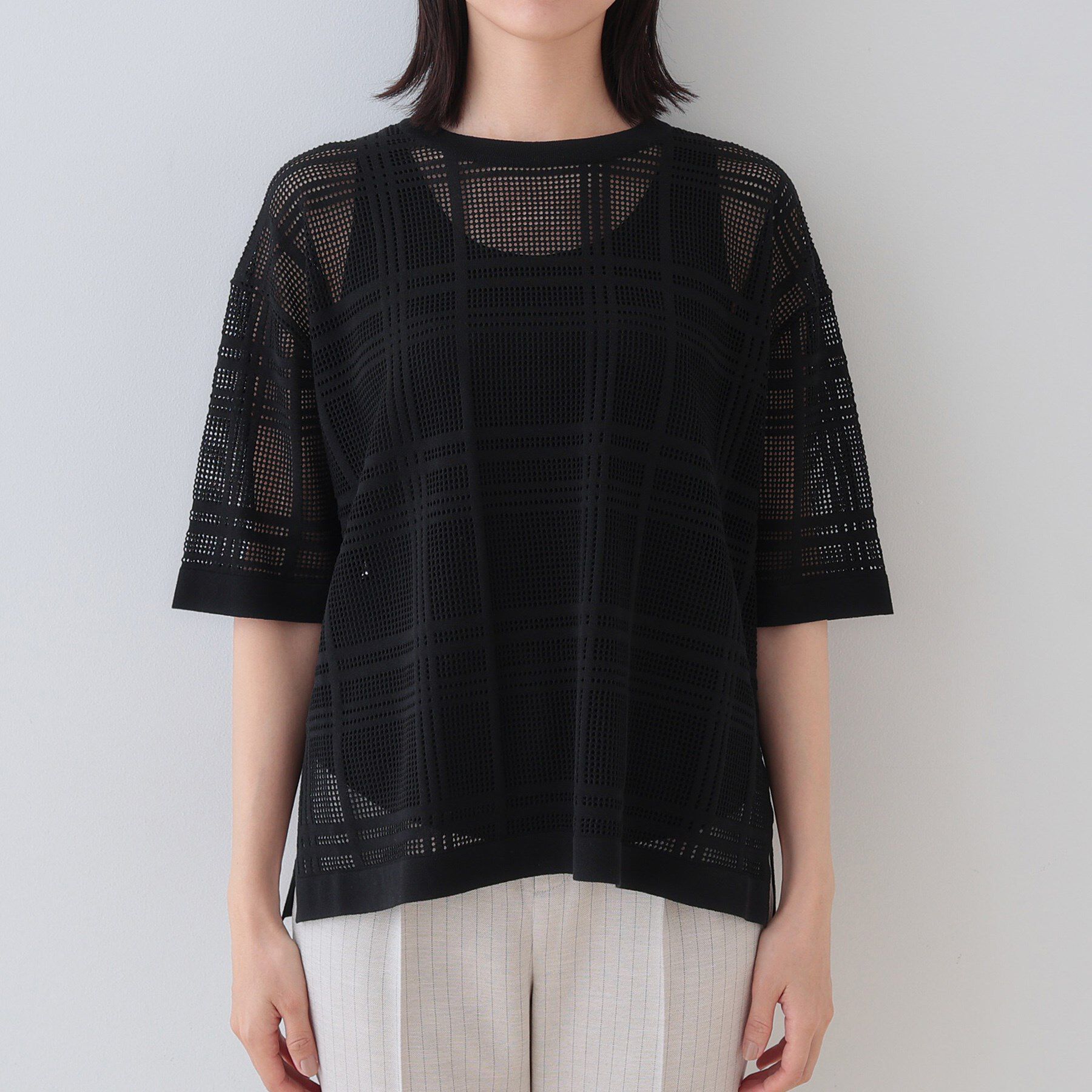 INDIVI「【洗える】メッシュチェック柄ニット」|ニット・セーター|