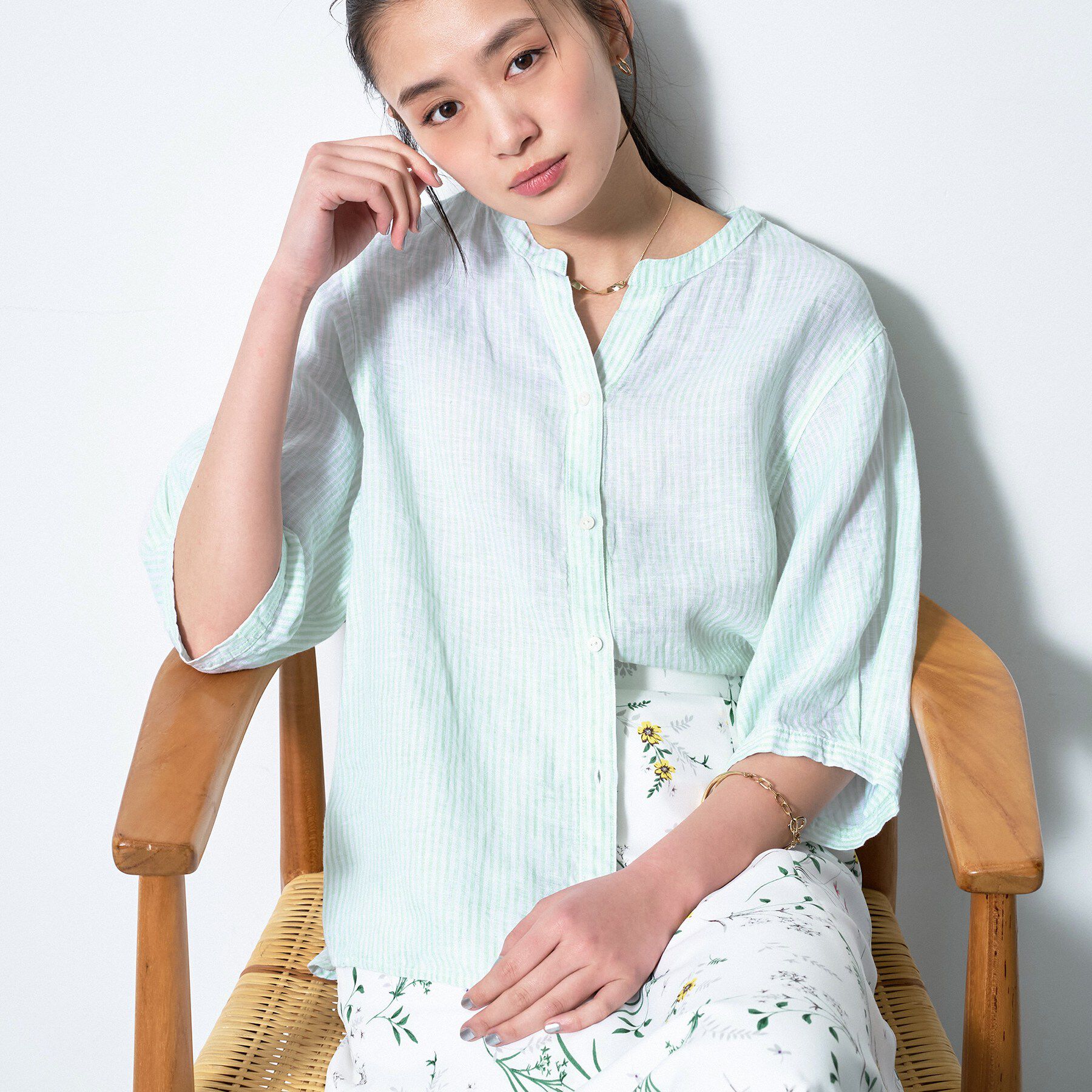INDIVI「【毎年人気！／フレンチリネン】5分袖バンドカラーブラウス」|シャツ・ブラウス|ミントグリーン(32
