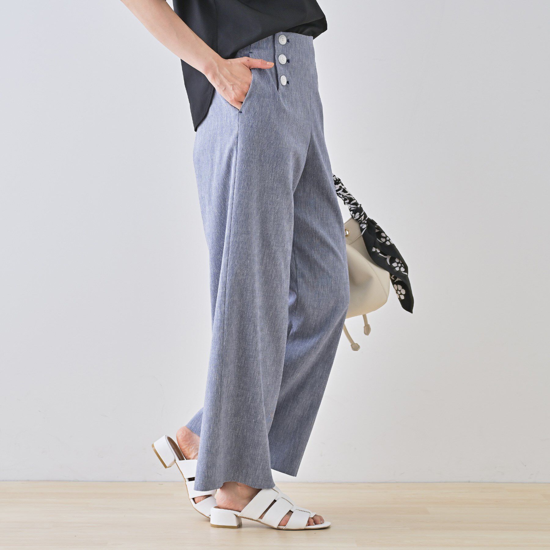 INDIVI「【デニムライク】マリンボタン リネン混ワイドパンツ」|その他|