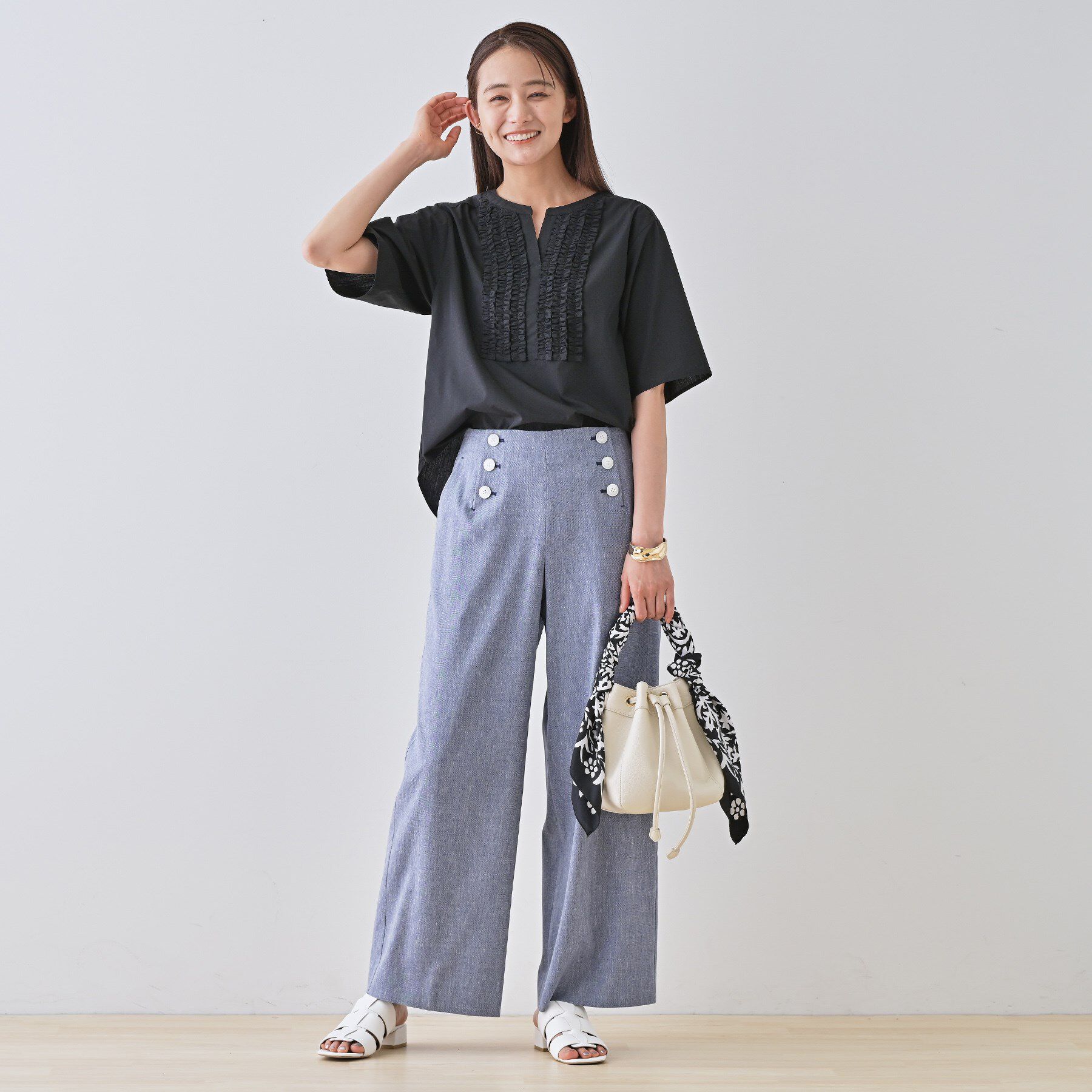 INDIVI「【デニムライク】マリンボタン リネン混ワイドパンツ」|その他|