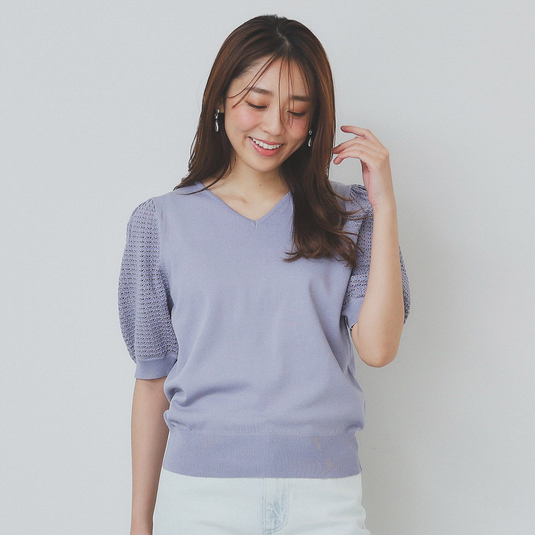 index「《5色展開》柄編みスリーブVネックニット【洗濯機洗い可】」|ニット・セーター|