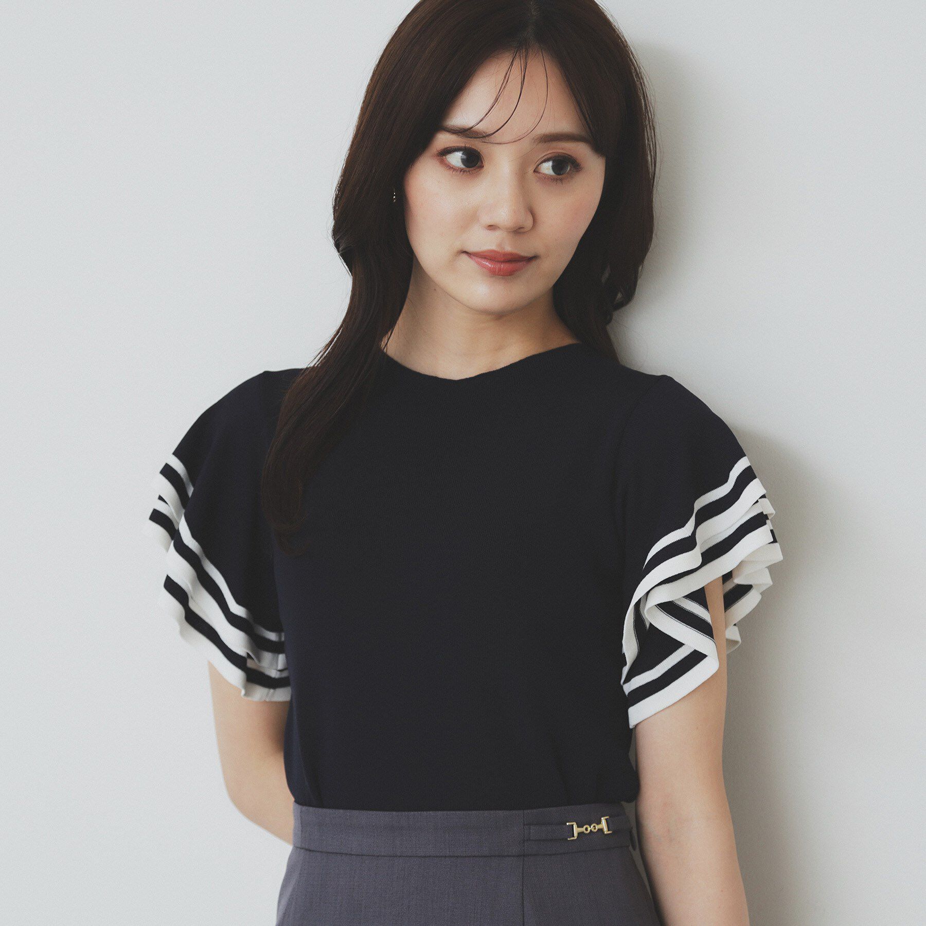 index「ボーダーフリルスリーブニット【洗濯機洗い可】」|ニット・セーター|