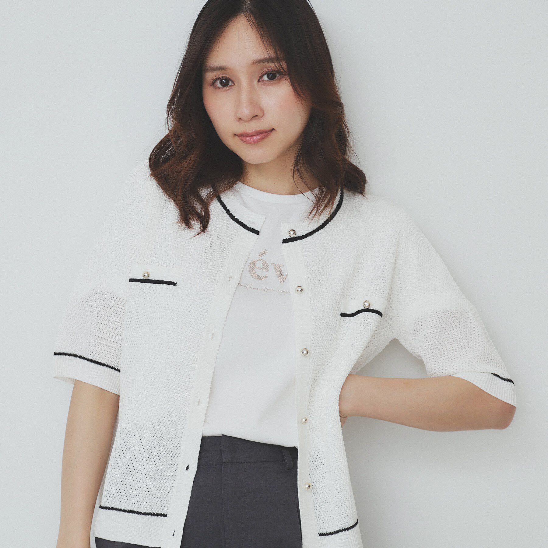 index「バイカラー半袖カーディガン【洗える/抗ピル】」|カーディガン|オフホワイト(803