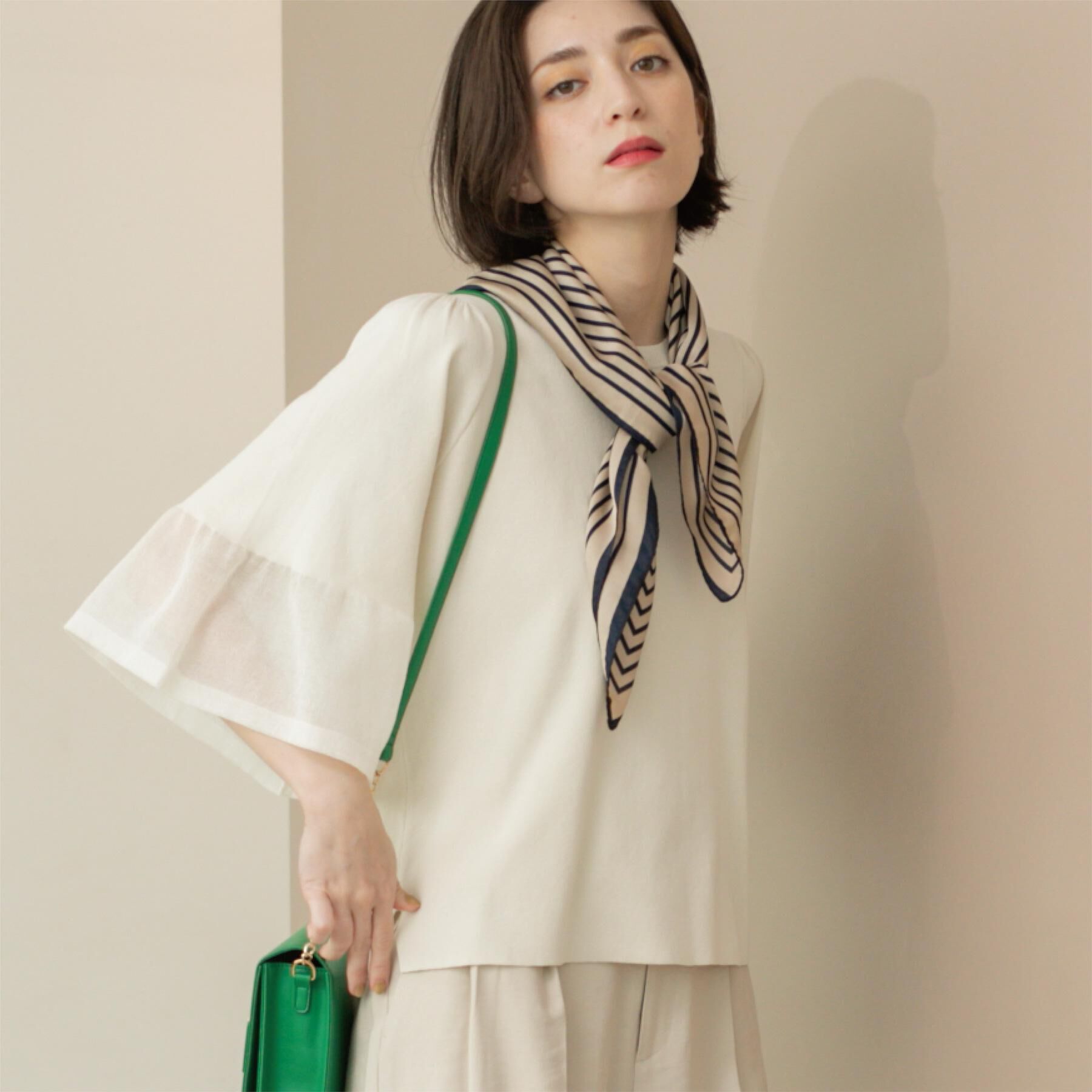 OPAQUE.CLIP「《5色展開》シアーフレアスリーブニット【洗濯機洗い可】」|ニット・セーター|オフホワイト(003