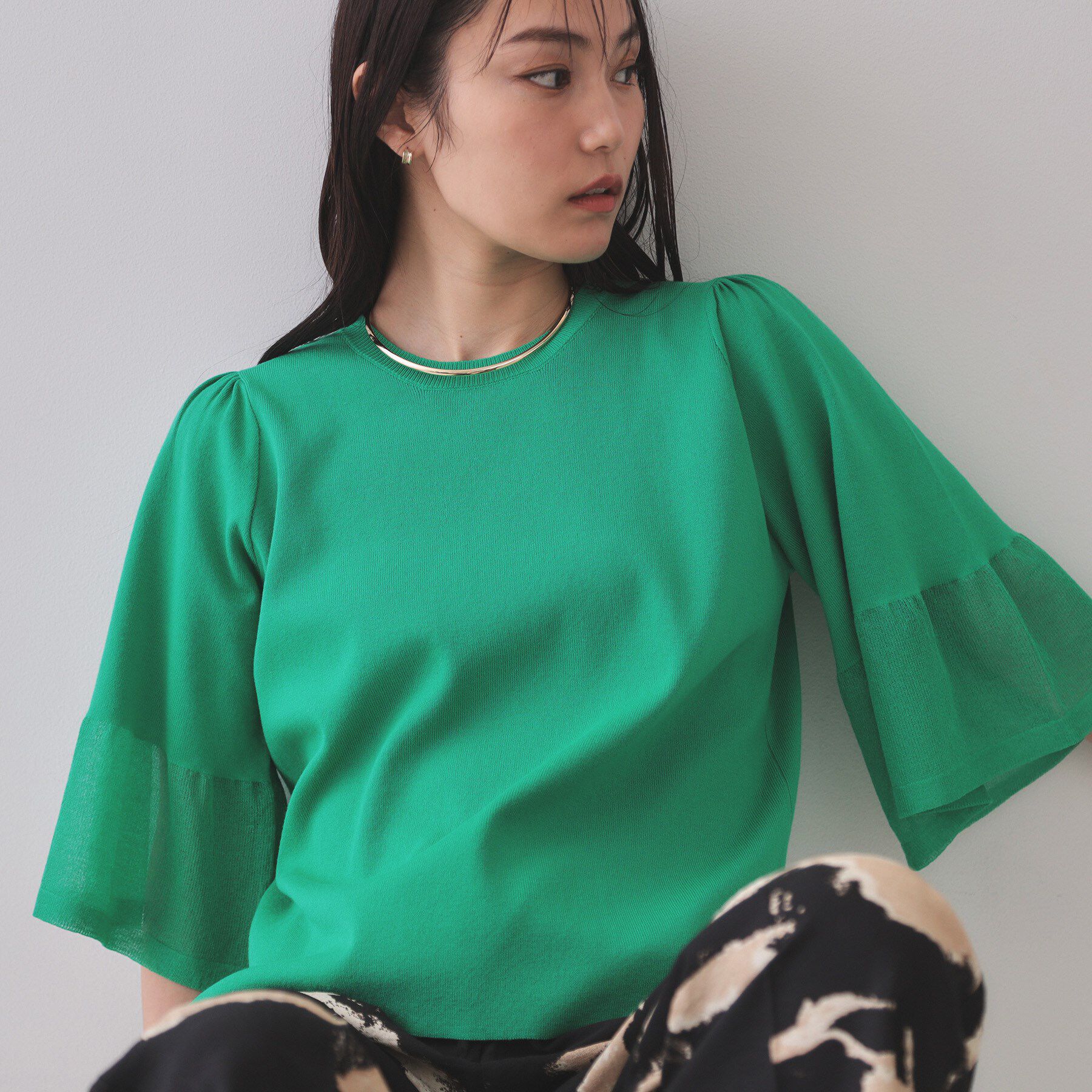 OPAQUE.CLIP「《5色展開》シアーフレアスリーブニット【洗濯機洗い可】」|ニット・セーター|