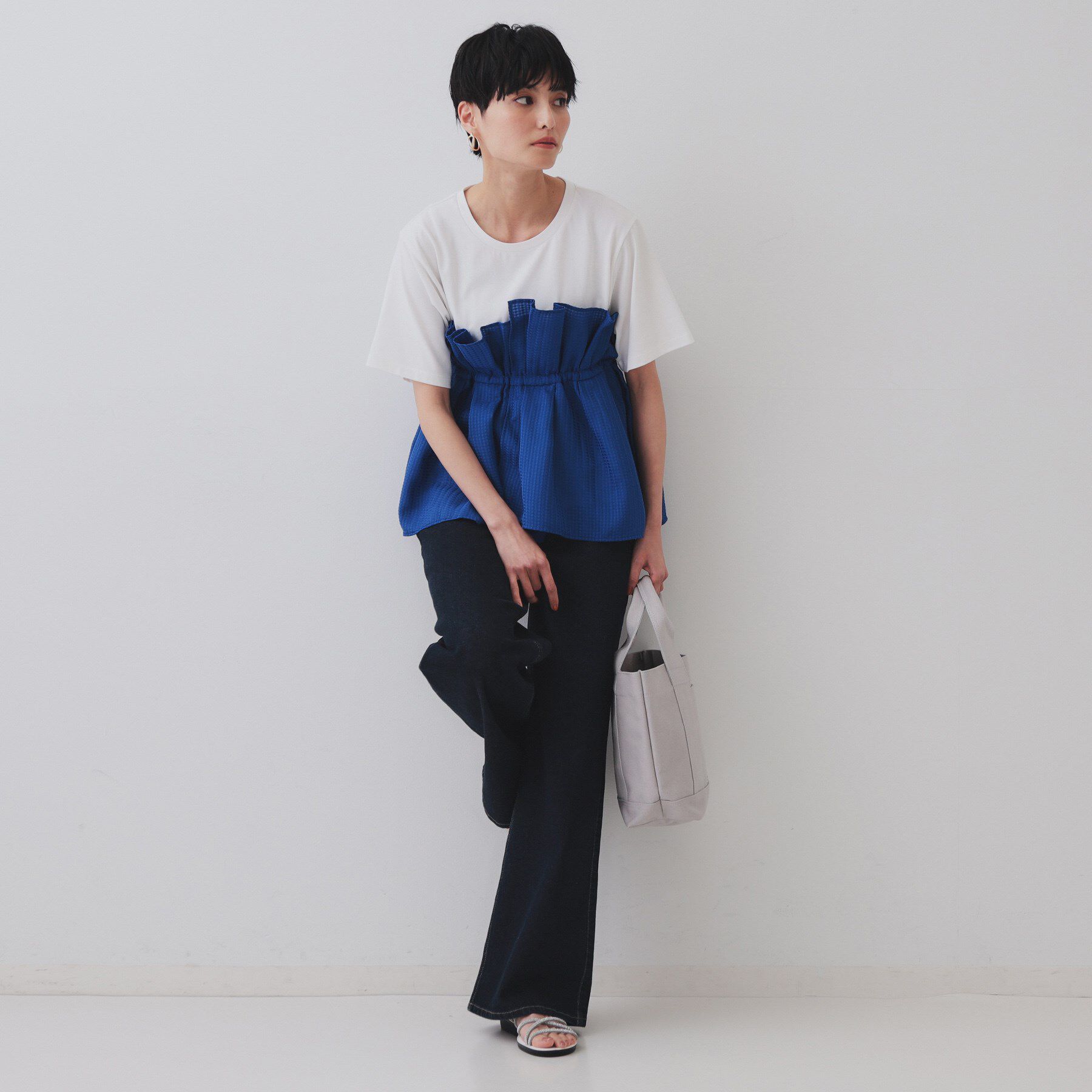 OPAQUE.CLIP「シアーギンガムドッキングペプラムカットソー【洗濯機洗い可】」|Tシャツ・カットソー|