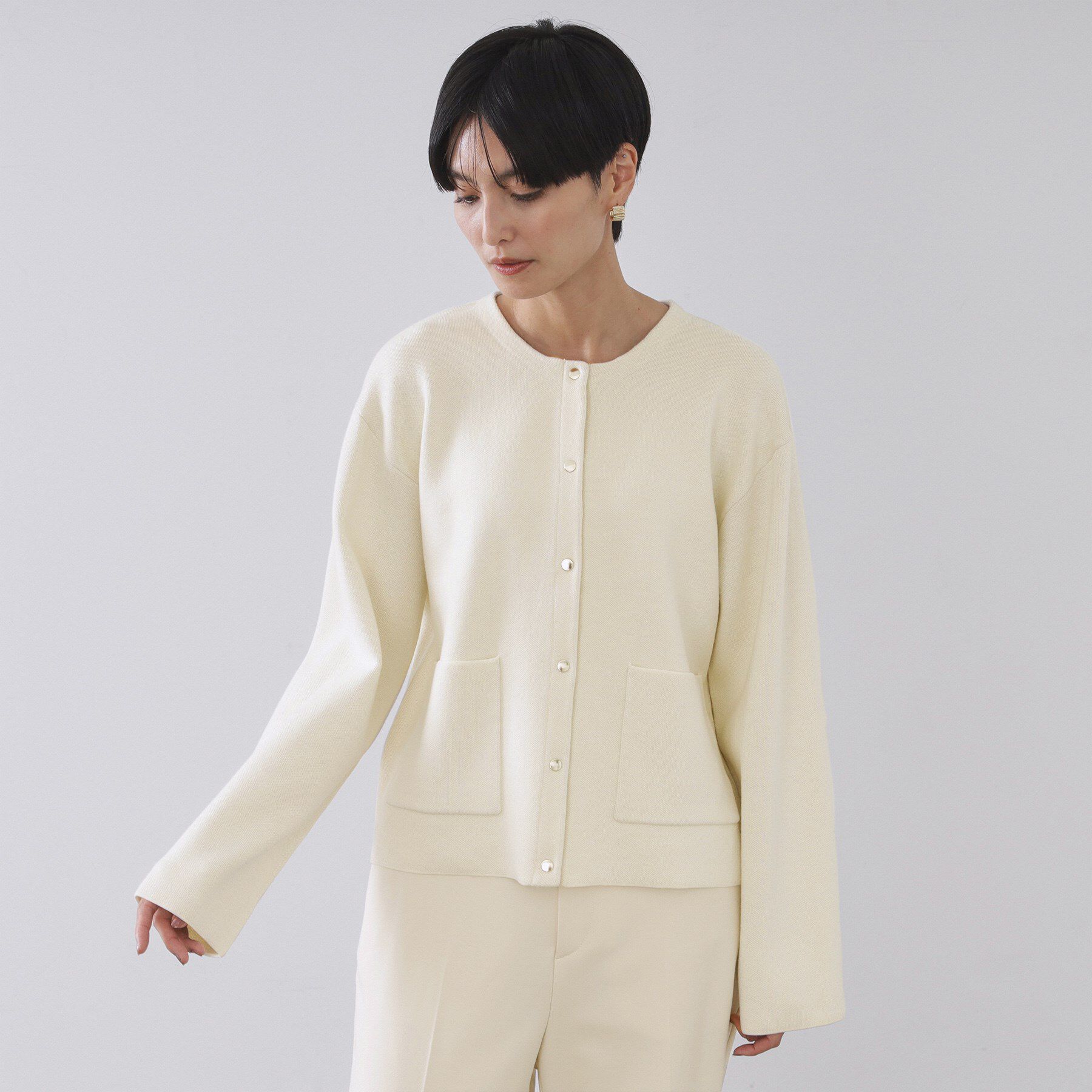 OPAQUE.CLIP「スナップボタン ダブルフェイス配色ニットカーディガン【洗濯機OK】」|カーディガン|