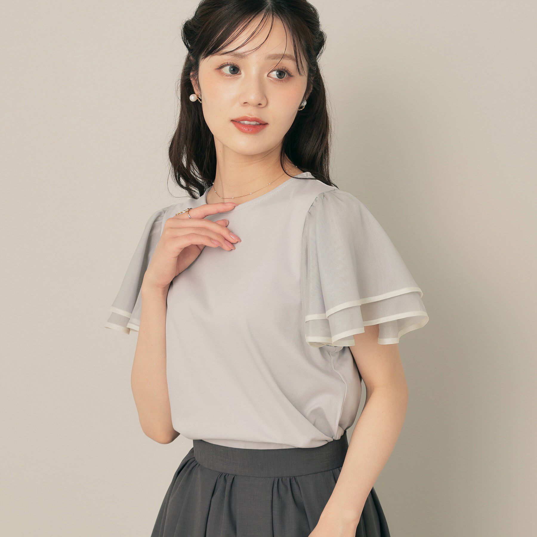 Couture broach「【マシンウォッシャブル・UVケア・接触冷感・二の腕カバー】配色フレアドッキングカットソー」|Tシャツ・カットソー|