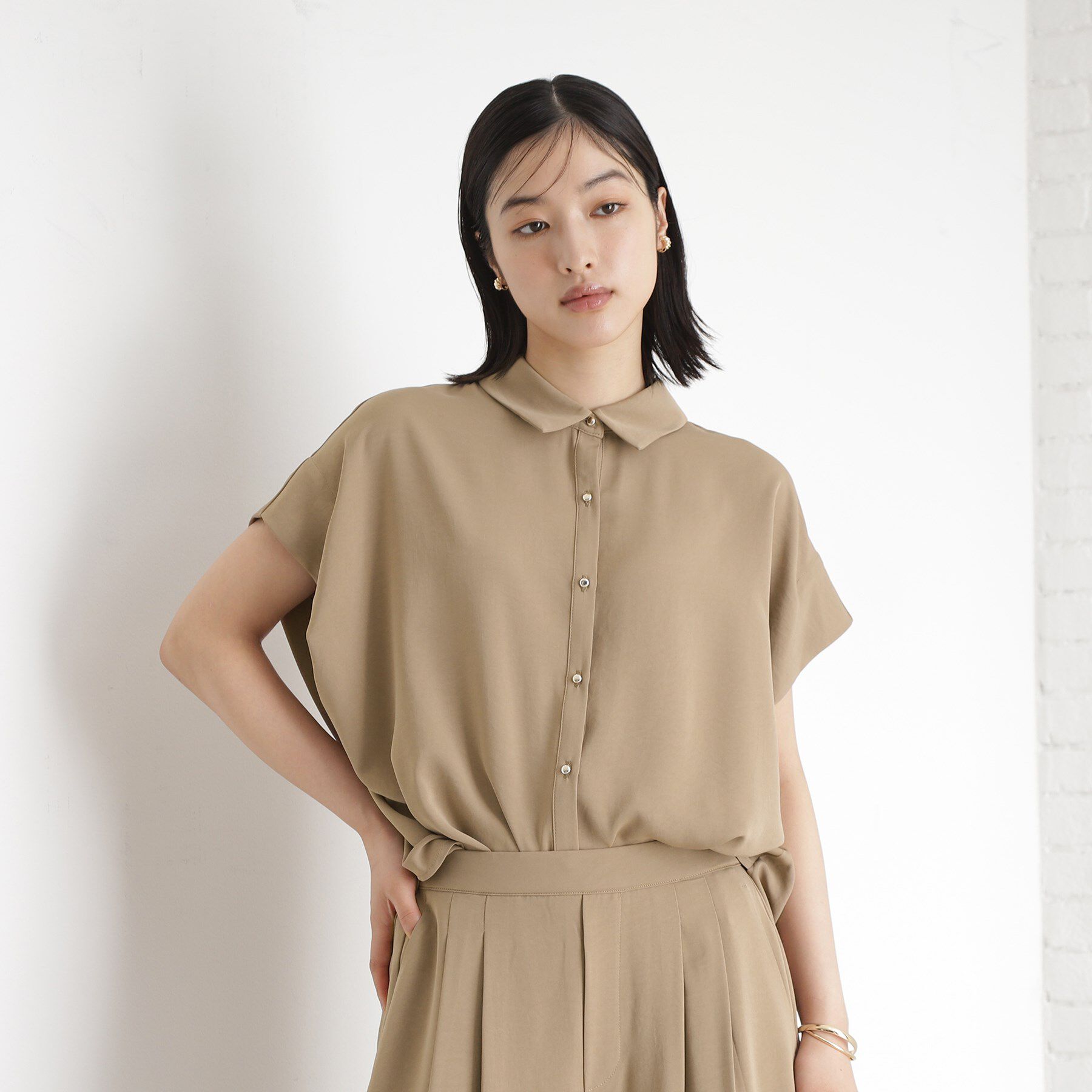 THE SHOP TK「コットンライクブラウス【接触冷感/洗濯機OK/UV/セットアップ可】」|シャツ・ブラウス|ベージュ(052)