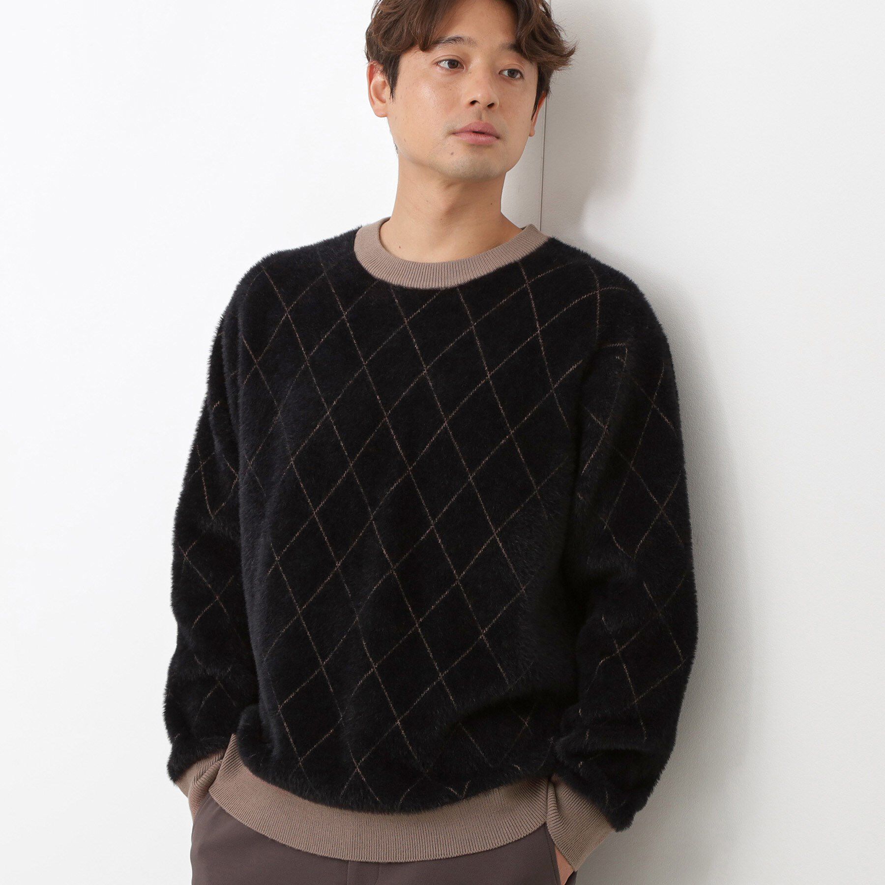 THE SHOP TK「【ふんわり心地いい肌触り】　ダイヤ柄シャギーニット」|ニット・セーター|ブラック(219)