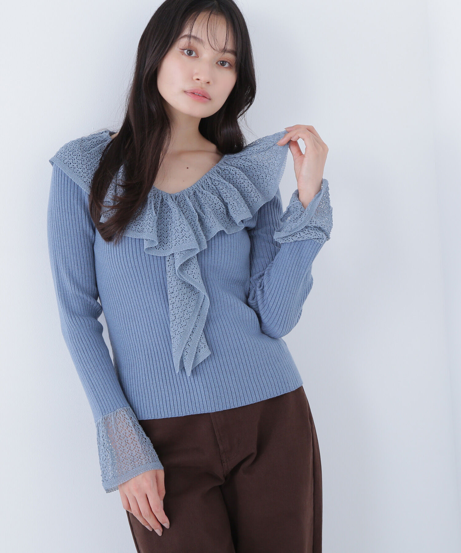  「レーストリムリブニット」|ニット・セーター|ブルー