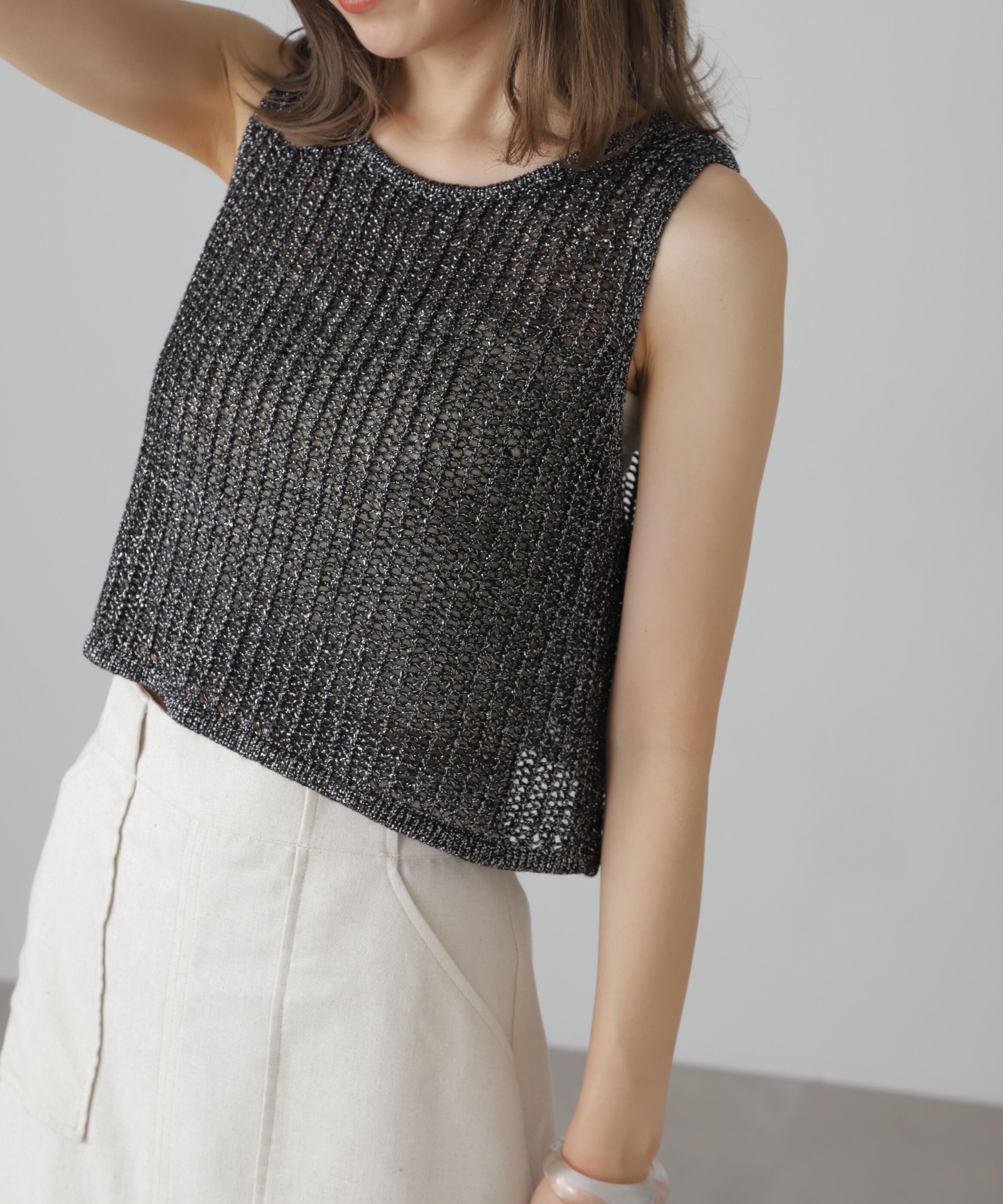  「前後2wayラメニットメッシュベスト」|ニット・セーター|