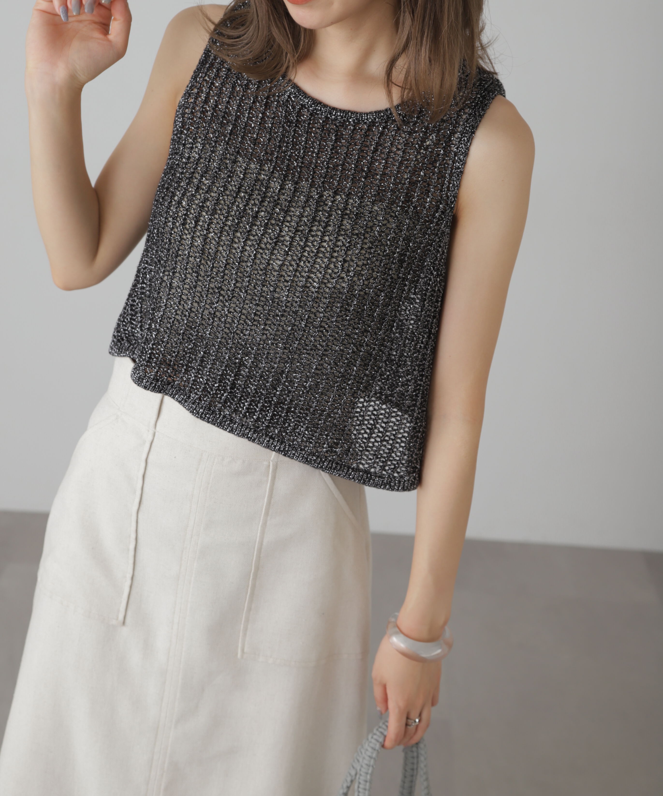  「前後2wayラメニットメッシュベスト」|ニット・セーター|