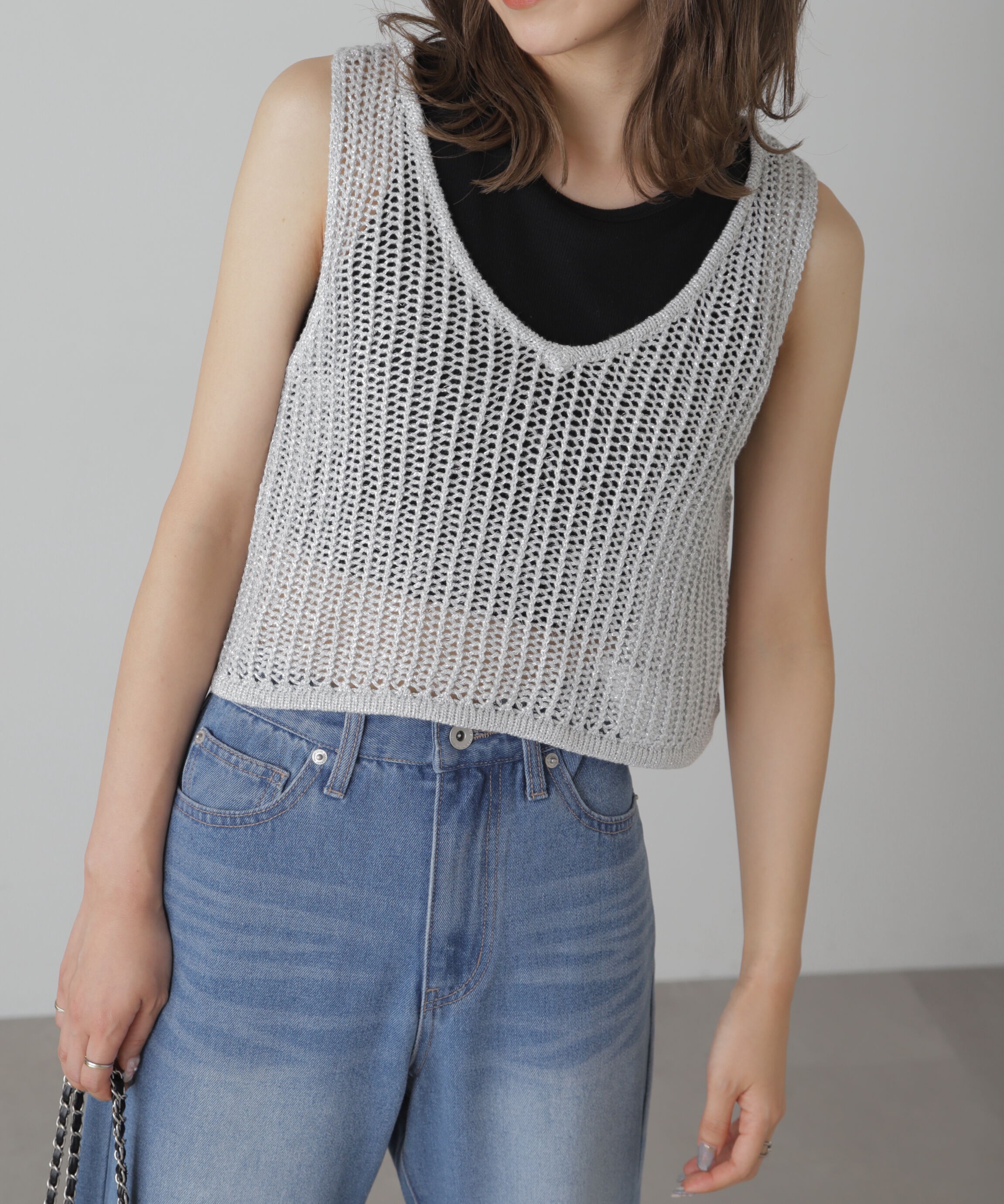  「前後2wayラメニットメッシュベスト」|ニット・セーター|
