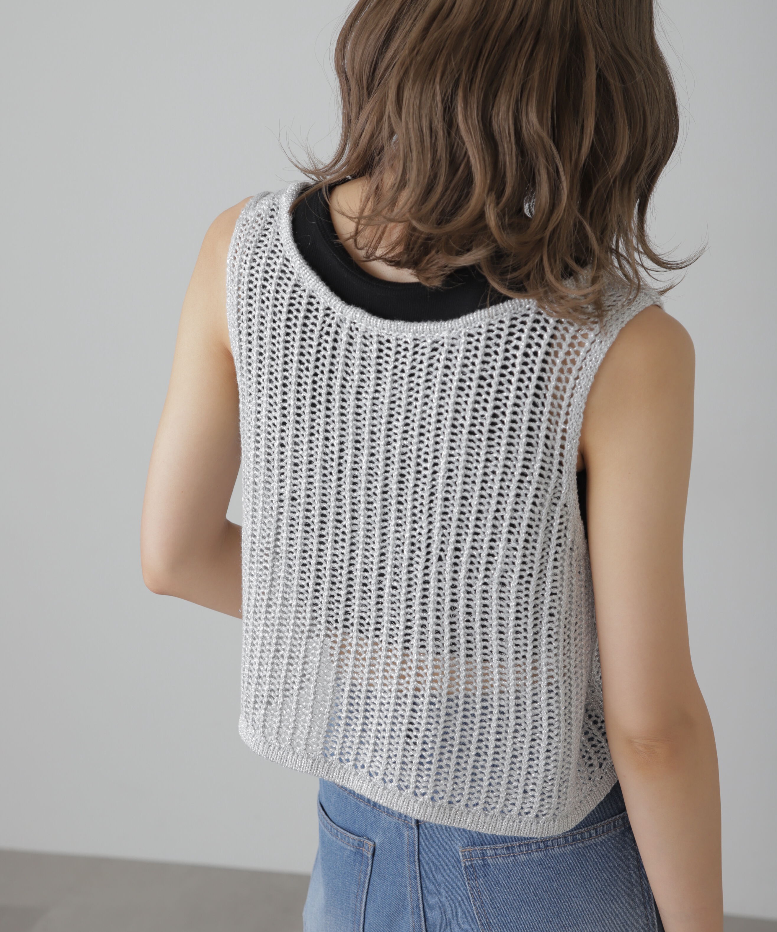  「前後2wayラメニットメッシュベスト」|ニット・セーター|