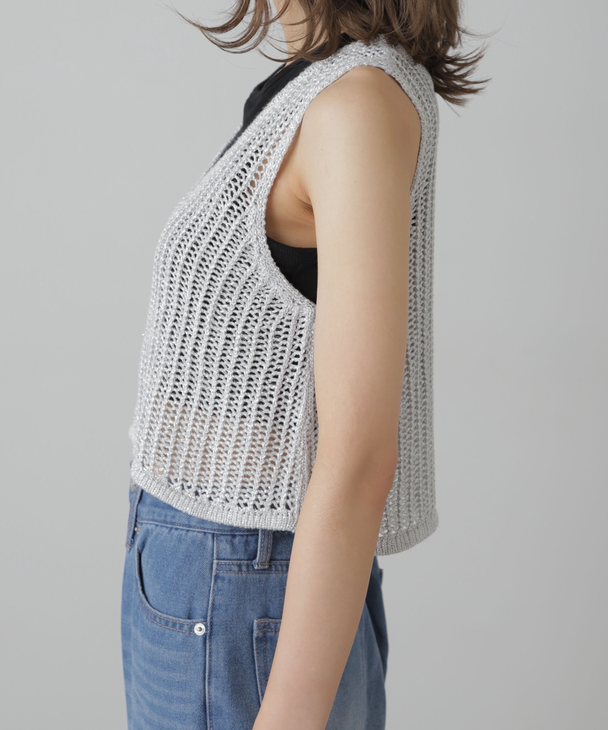  「前後2wayラメニットメッシュベスト」|ニット・セーター|