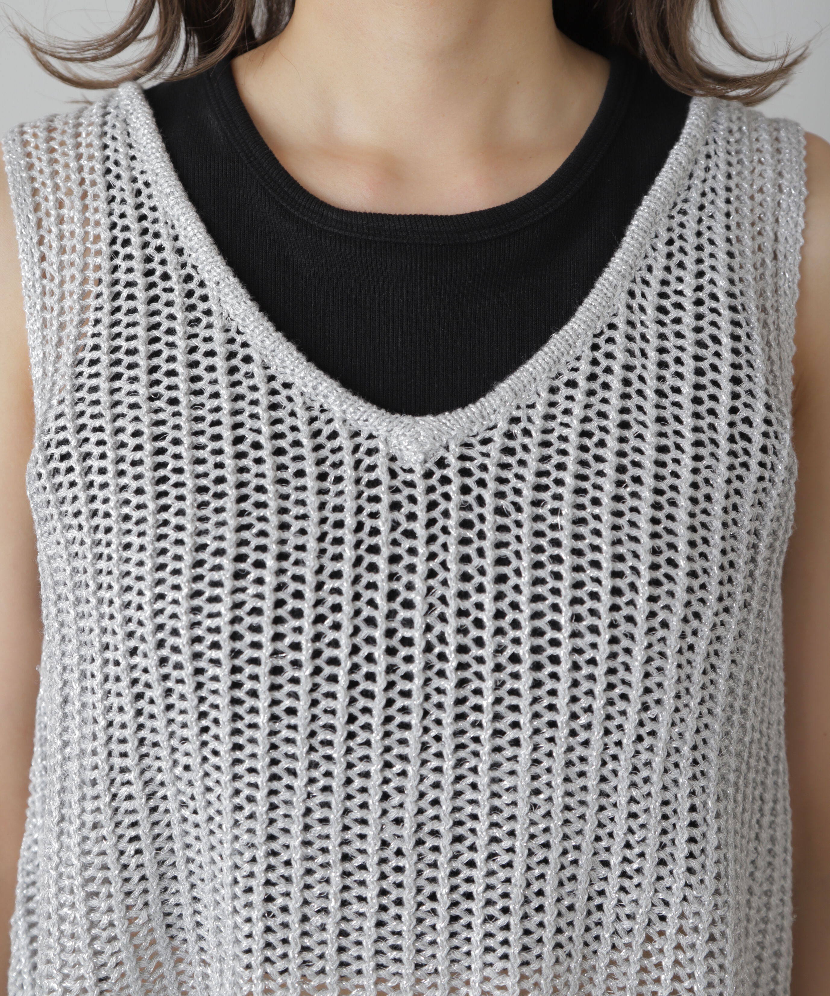  「前後2wayラメニットメッシュベスト」|ニット・セーター|