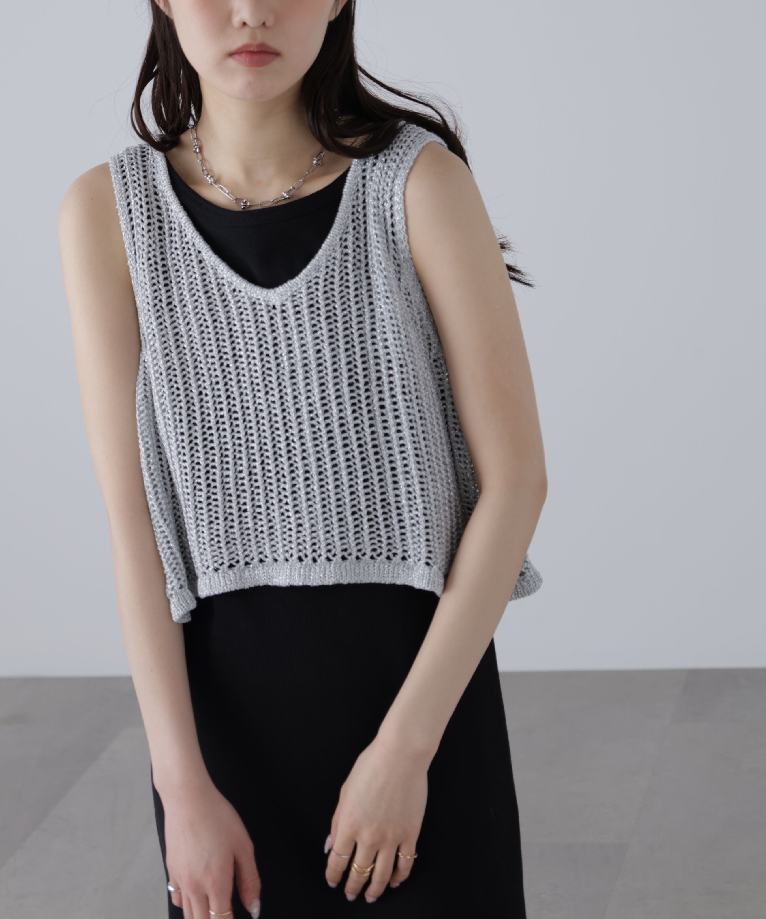  「前後2wayラメニットメッシュベスト」|ニット・セーター|