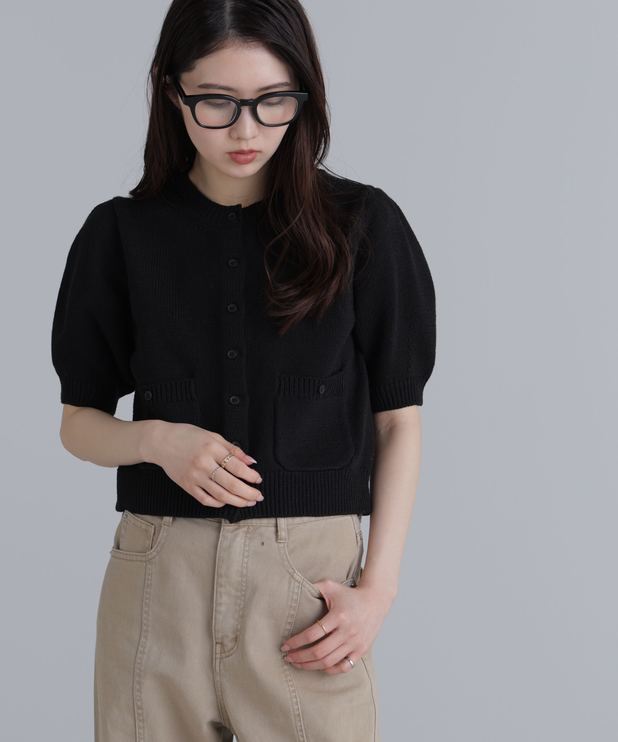  「フロントポケット半袖カーディガン」|ニット・セーター|ブラック