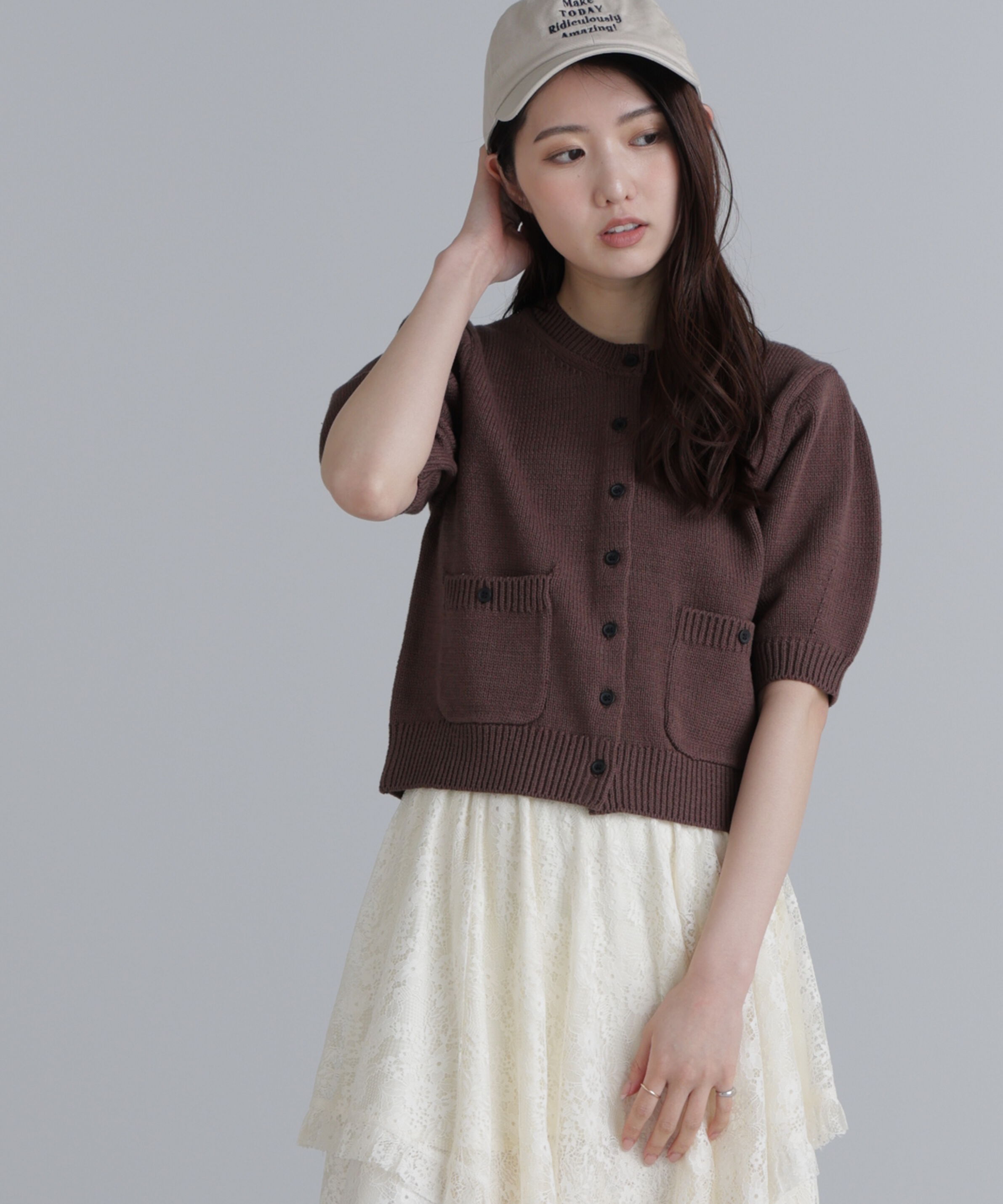  「フロントポケット半袖カーディガン」|ニット・セーター|