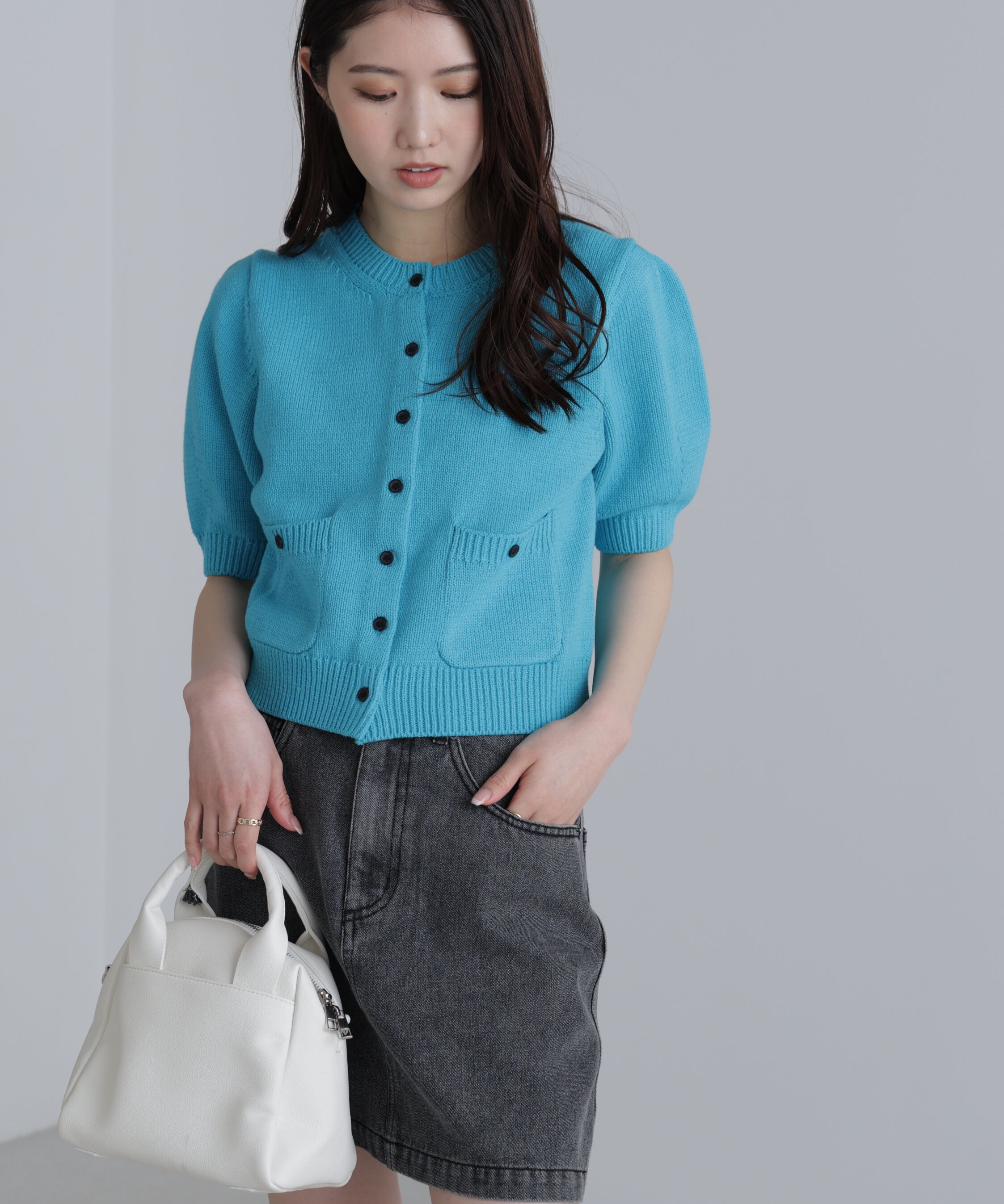  「フロントポケット半袖カーディガン」|ニット・セーター|