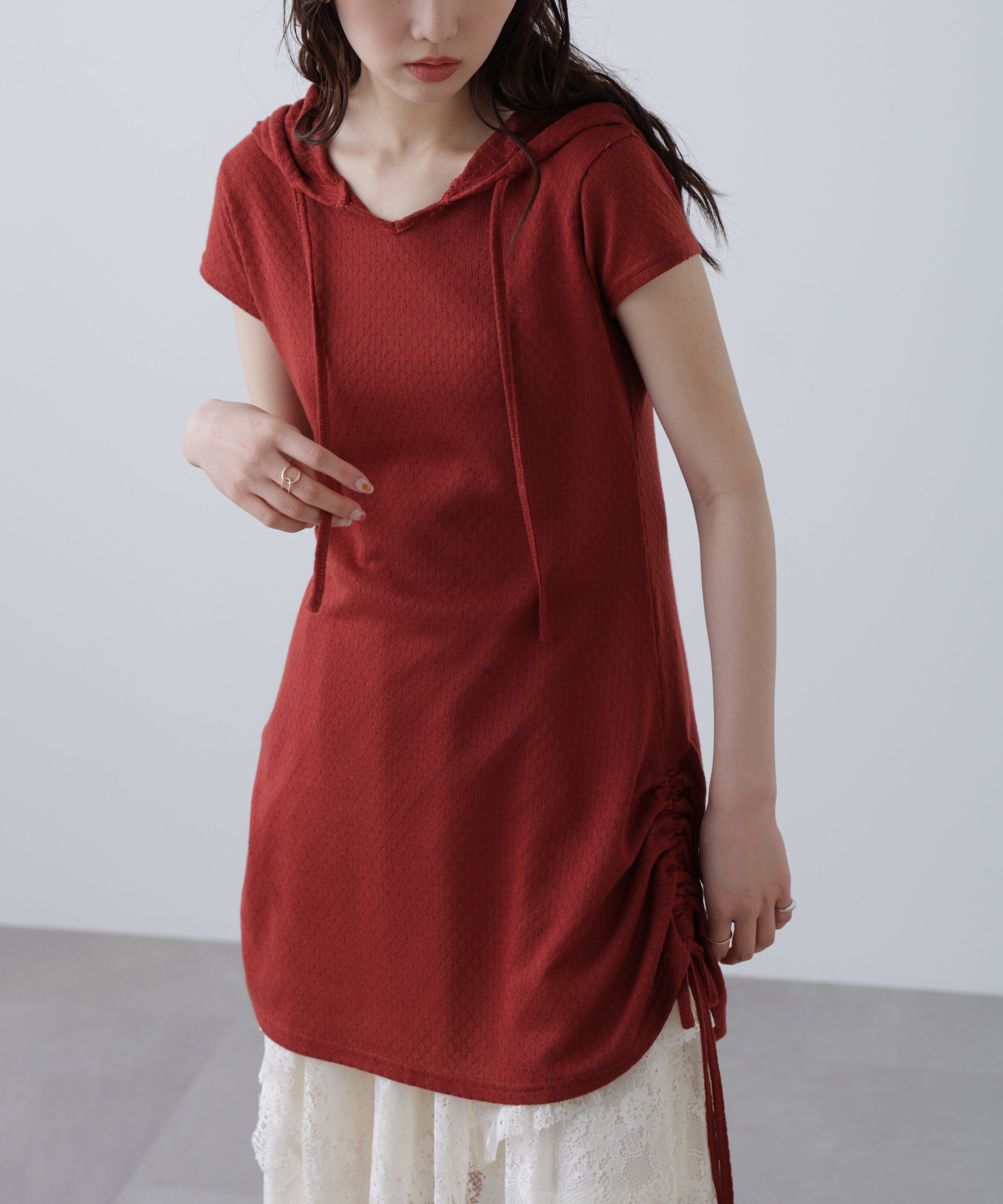  「サイドシャーリングフーディーミニワンピース」|ワンピース|レッド