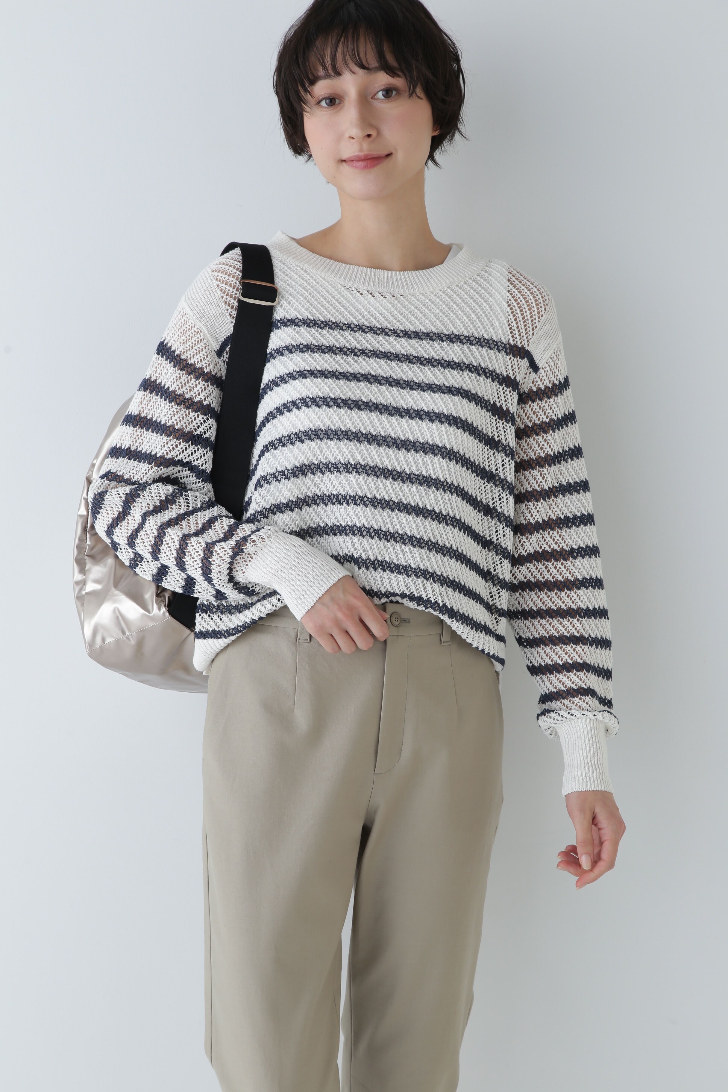  「◆メッシュボーダーニット」|ニット・セーター|ホワイト&times;ネ  3