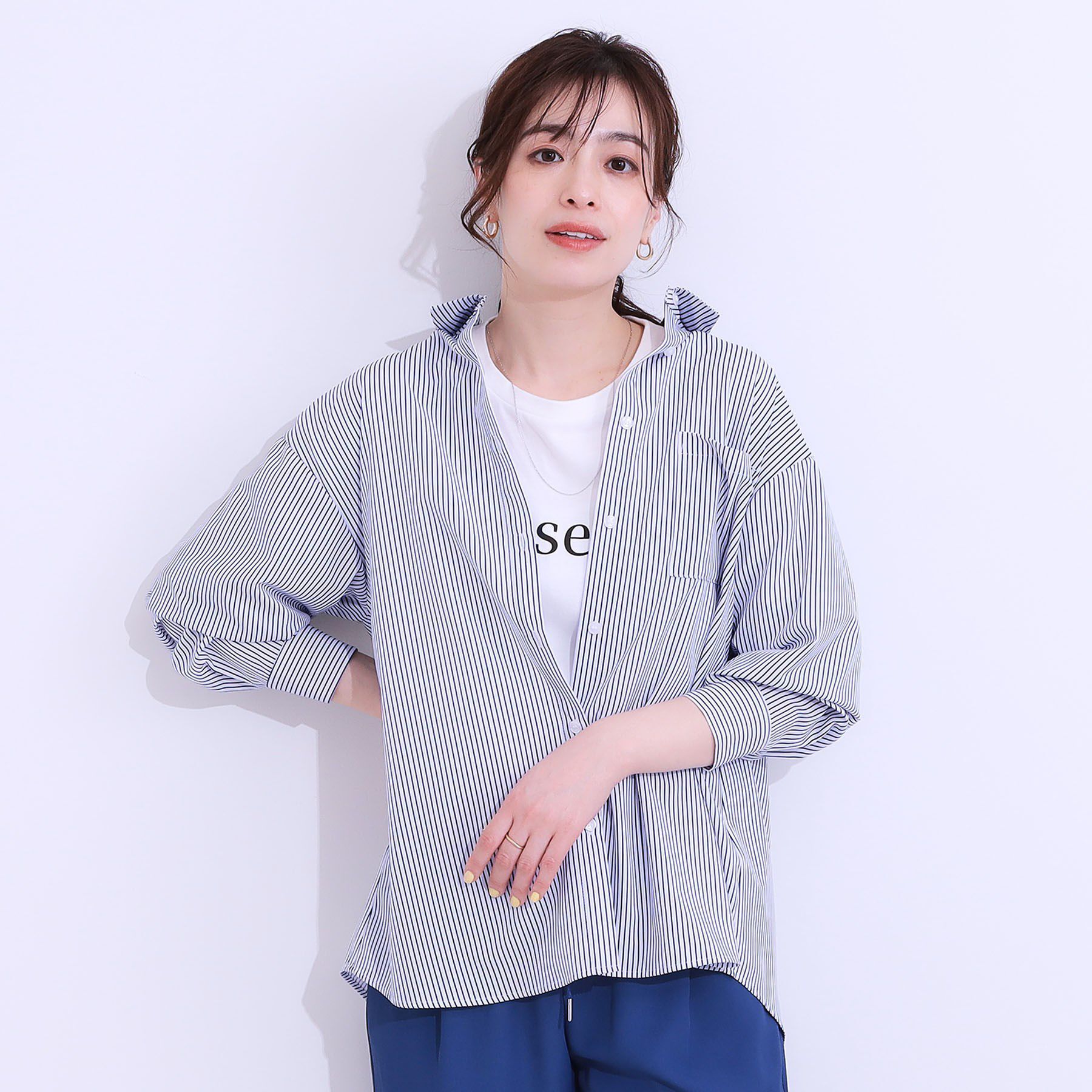 SHOO･LA･RUE「【ひんやり/UV/吸水速乾/洗濯後しわになりにくい】ラッシュガードにもなる ストライプ前開きシャツ」|シャツ・ブラウス|