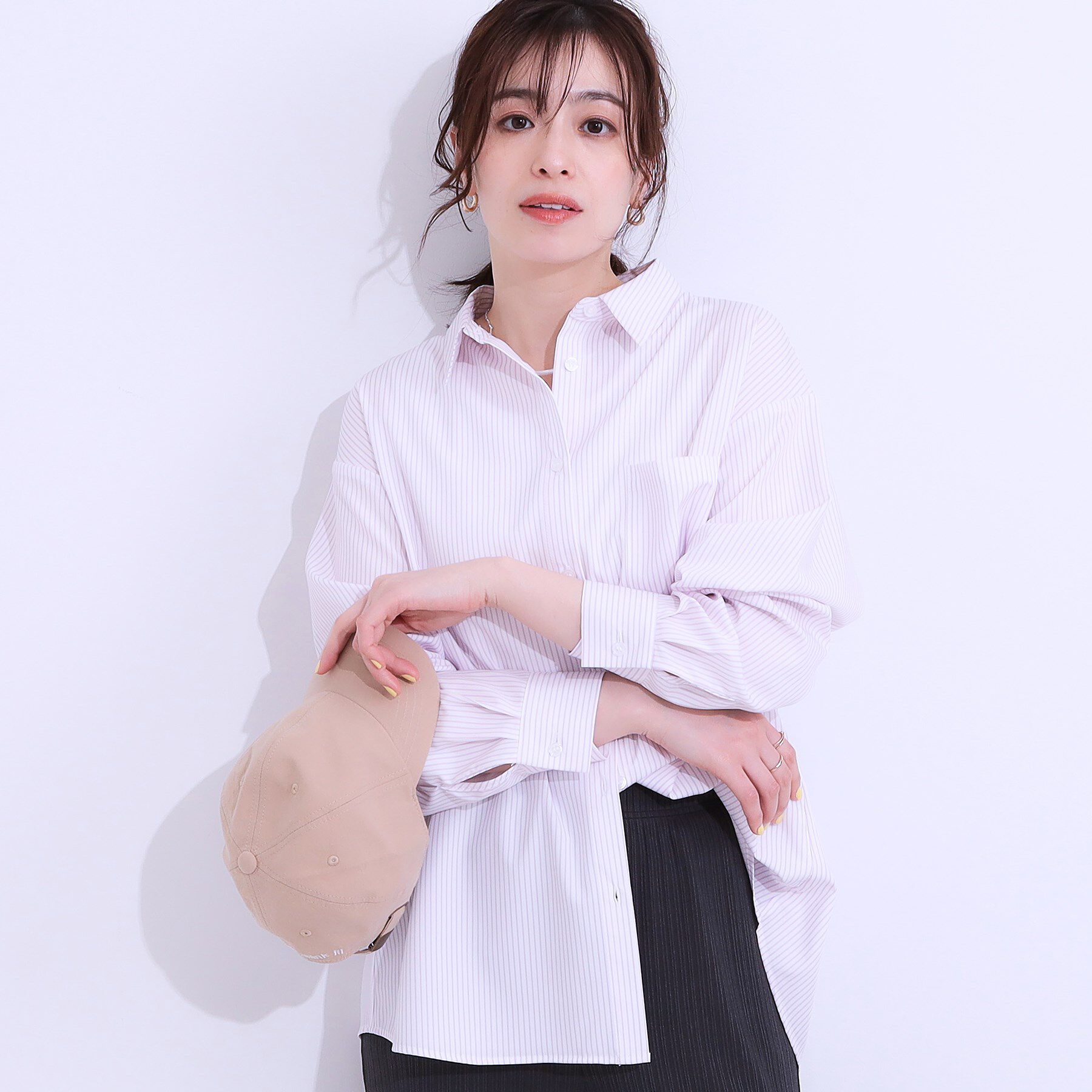 SHOO･LA･RUE「【ひんやり/UV/吸水速乾/洗濯後しわになりにくい】ラッシュガードにもなる ストライプ前開きシャツ」|シャツ・ブラウス|ライトピンク(370