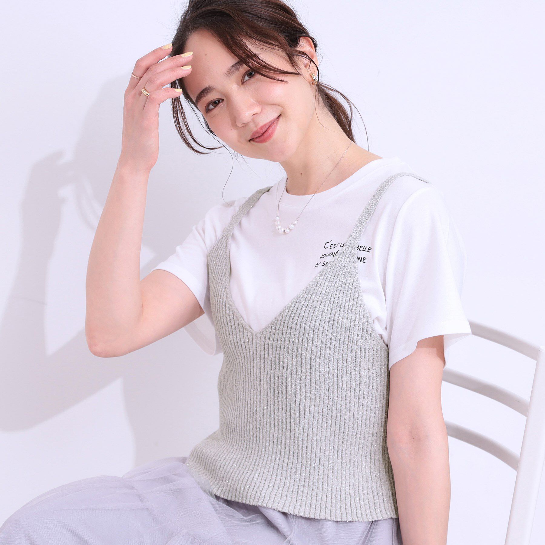 SHOO･LA･RUE「【S-LL/2点セット】ラメニットキャミ＆ロゴTシャツ」|その他|ライトグレー(011
