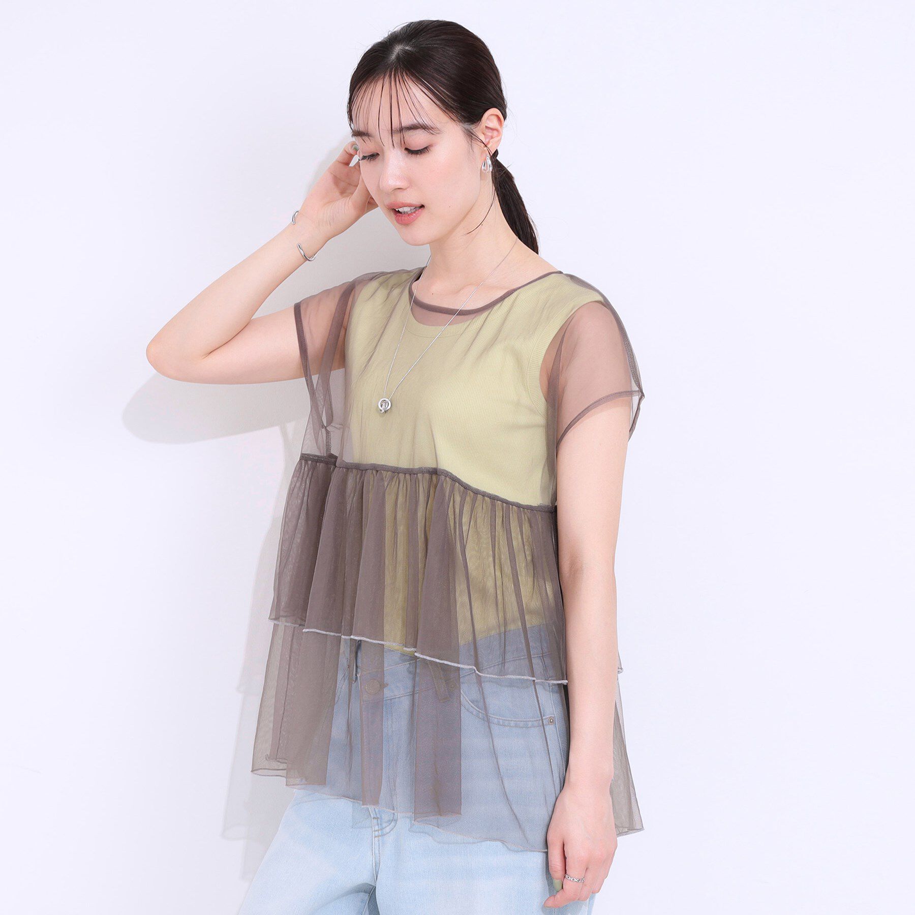 SHOO･LA･RUE「【S-LL/2点セット】程よい甘さをプラス Tシャツ＋チュールトップス」|Tシャツ・カットソー|