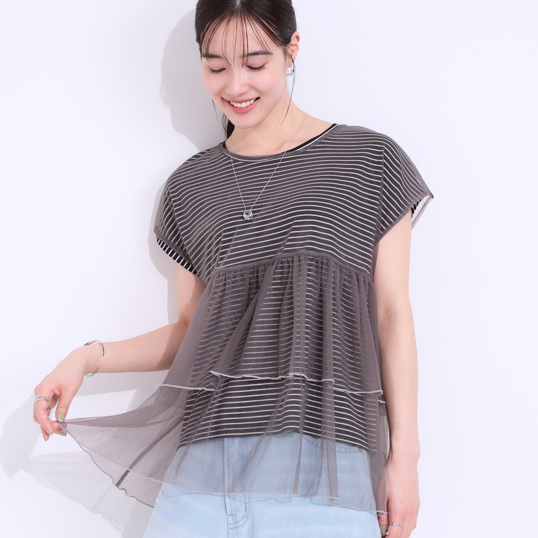 SHOO･LA･RUE「【S-LL/2点セット】程よい甘さをプラス Tシャツ＋チュールトップス」|Tシャツ・カットソー|ブラック(319)