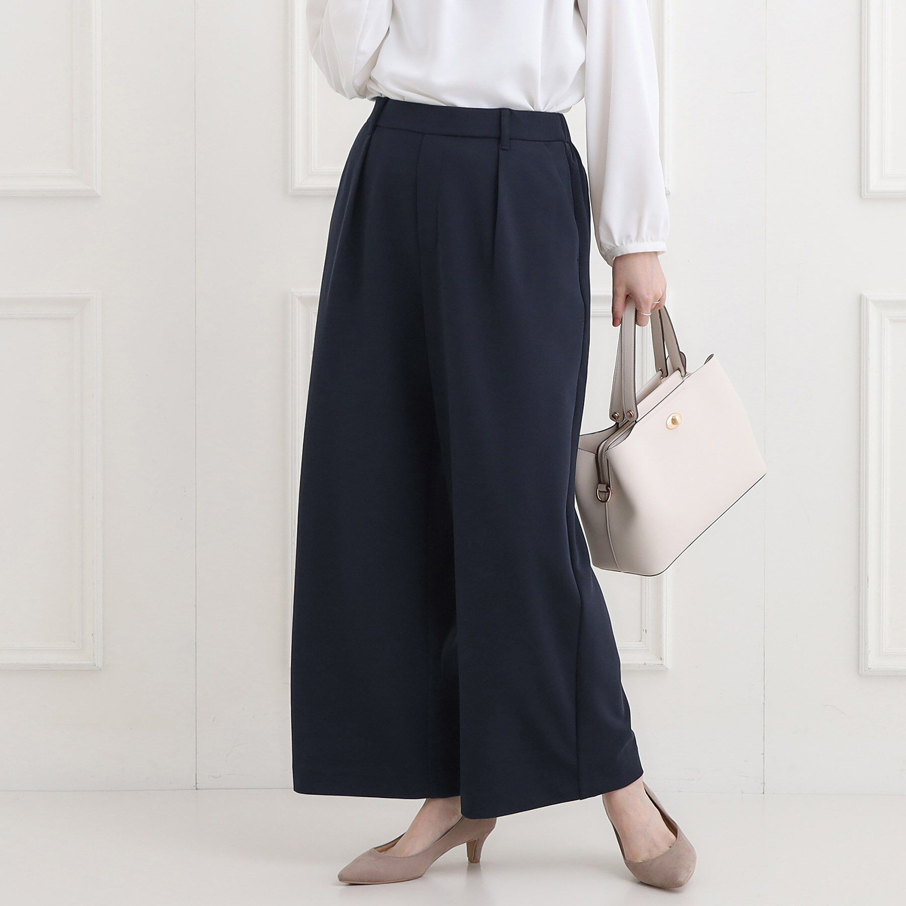 SHOO･LA･RUE「【洗濯機可/セットアップ可/S-3L】きちんと楽に。カットジョーゼットワイドパンツ」|その他|ネイビー(094)