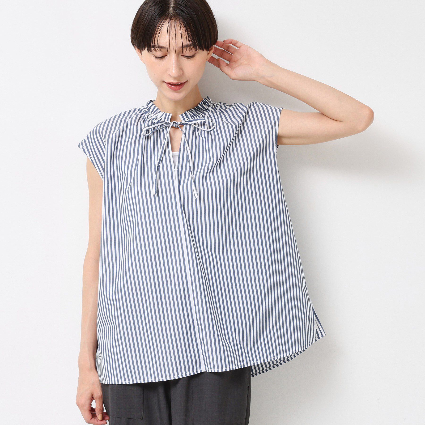 Dessin「【洗える】ストライプ柄フレンチスリーブスキッパ―ブラウス」|シャツ・ブラウス|