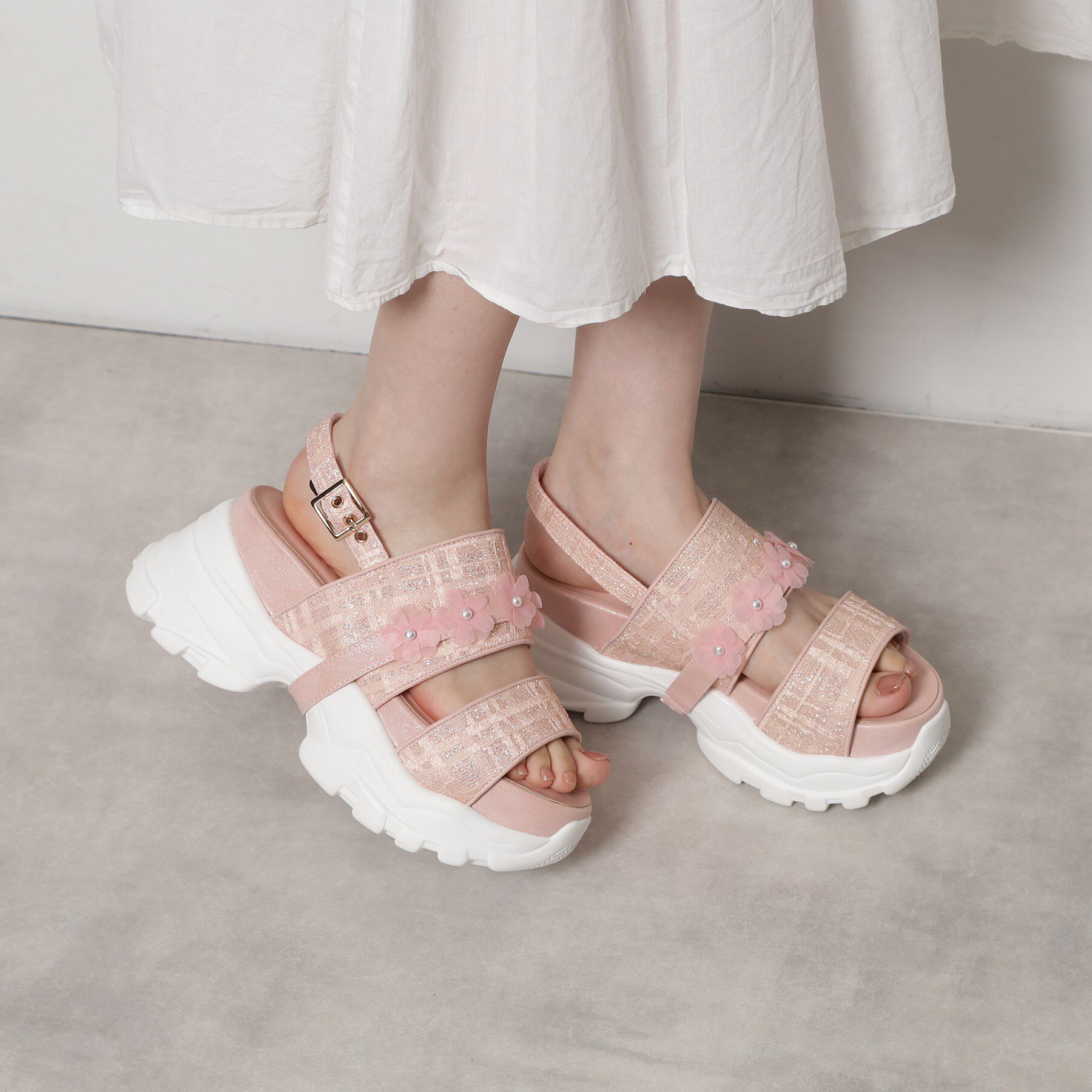 ESPERANZA「ツイード風フラワーベルトスポサン」|サンダル|