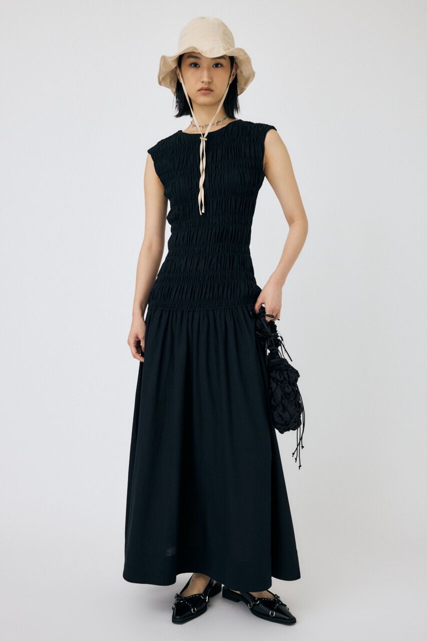 MOUSSY「SHIRRING GATHER SUMMER ドレス」|ワンピース|BLK