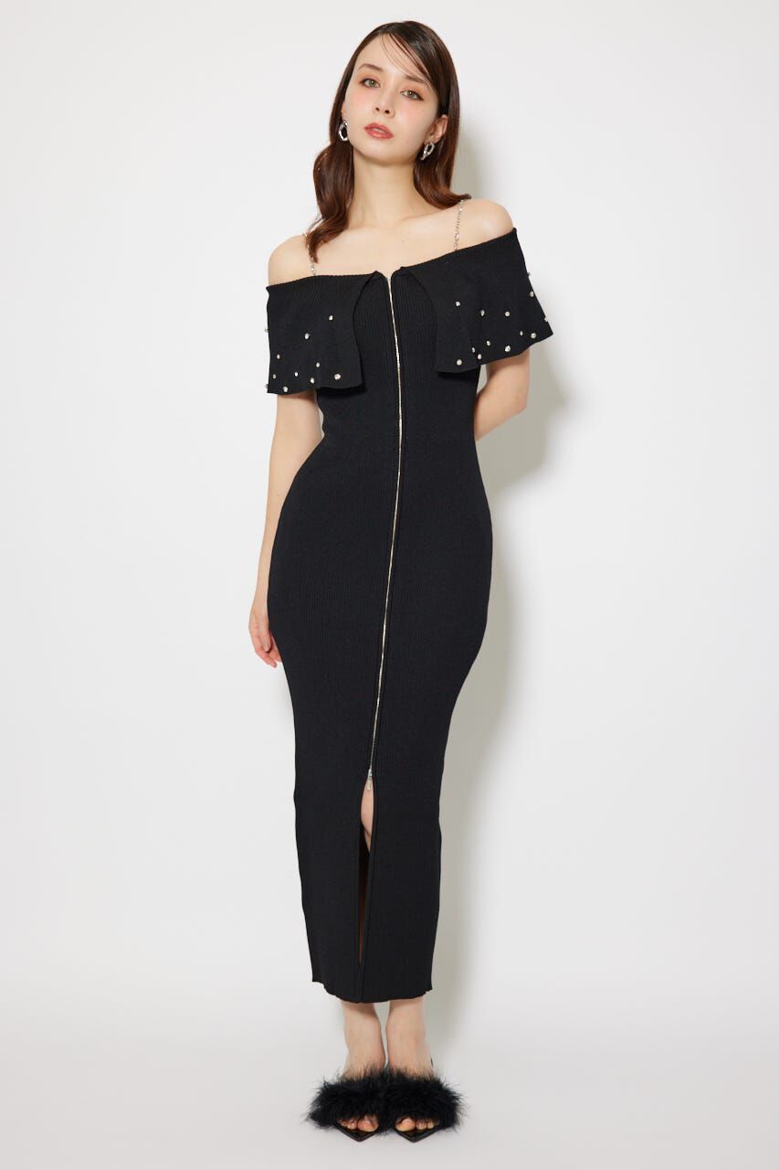 rienda「2WAYオフショルビジューカラーハーフスリーブニットワンピース」|ワンピース|