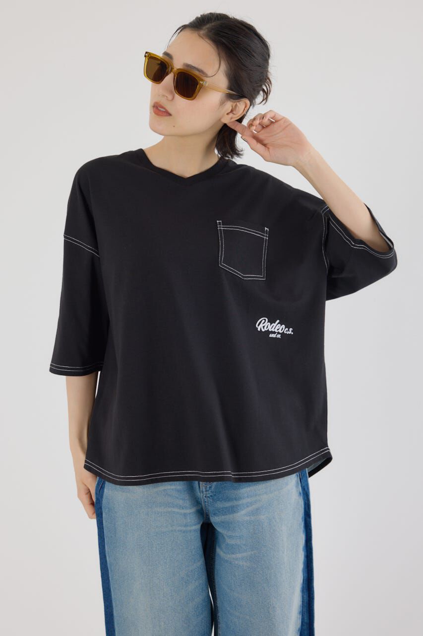 RODEO CROWNS「カラーステッチVネック5分袖Tシャツ」|Tシャツ・カットソー|