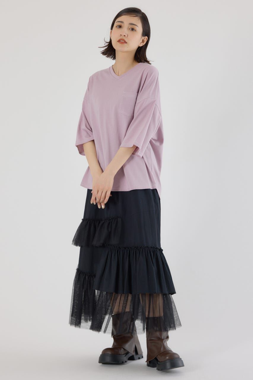 RODEO CROWNS「カラーステッチVネック5分袖Tシャツ」|Tシャツ・カットソー|