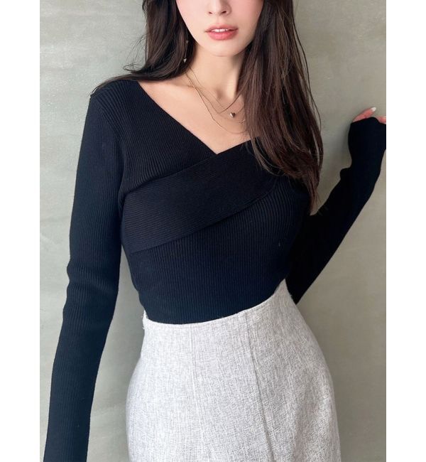 RESEXXY「アシンメトリーリブニットトップス」|ニット・セーター|ブラック