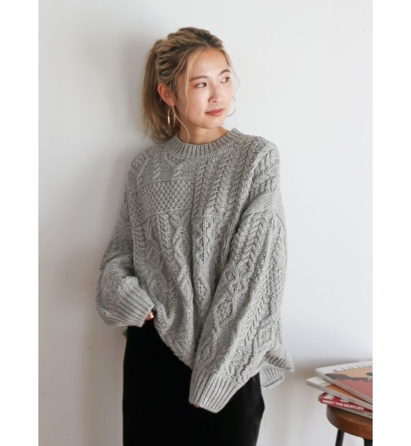 Ungrid「【WEB限定】パッチワークケーブルニット」|ニット・セーター|ライトグレー
