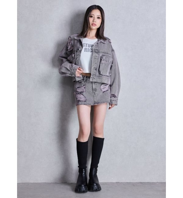 GYDA「ZIP POCKETダメージショートデニムGジャン」|ブルゾン・スタジャン|